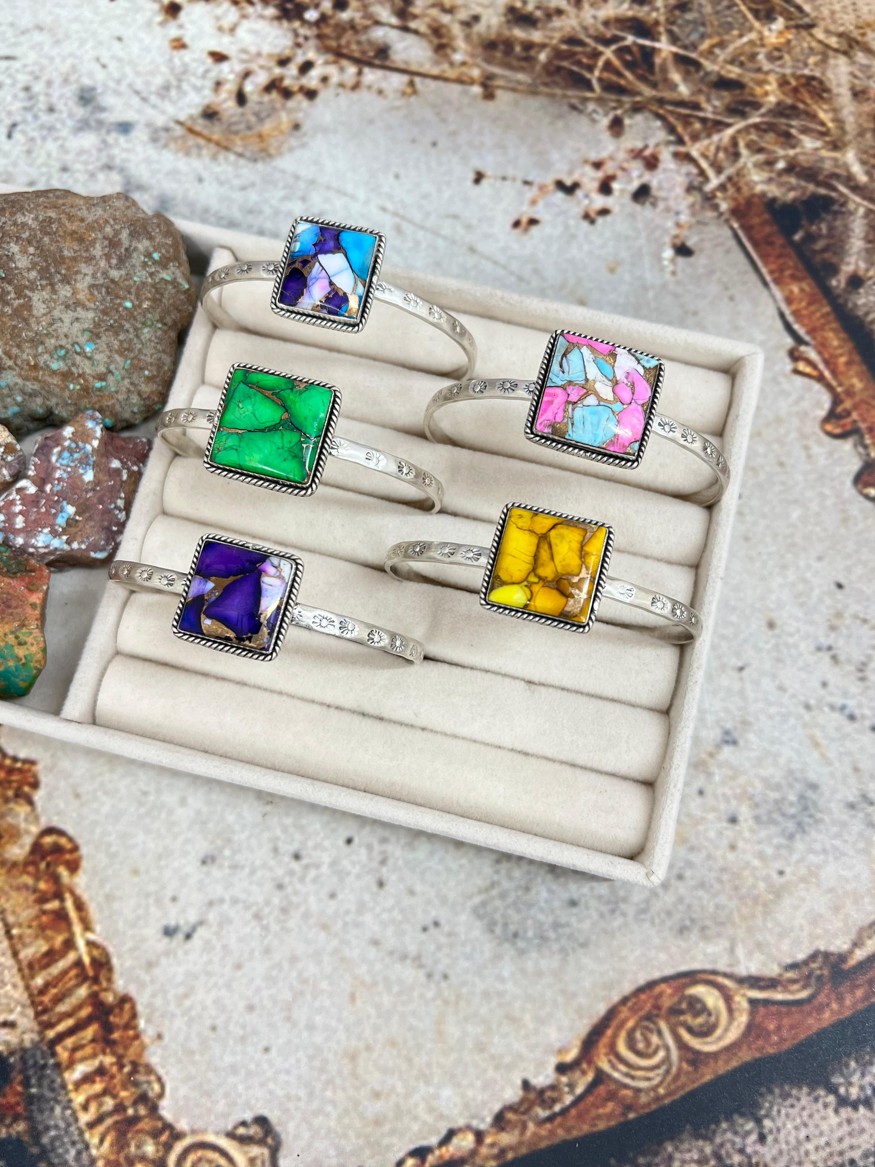 Handmade Sterling Silver Multi Stone Cuff Bracelet Signed Nizhoni