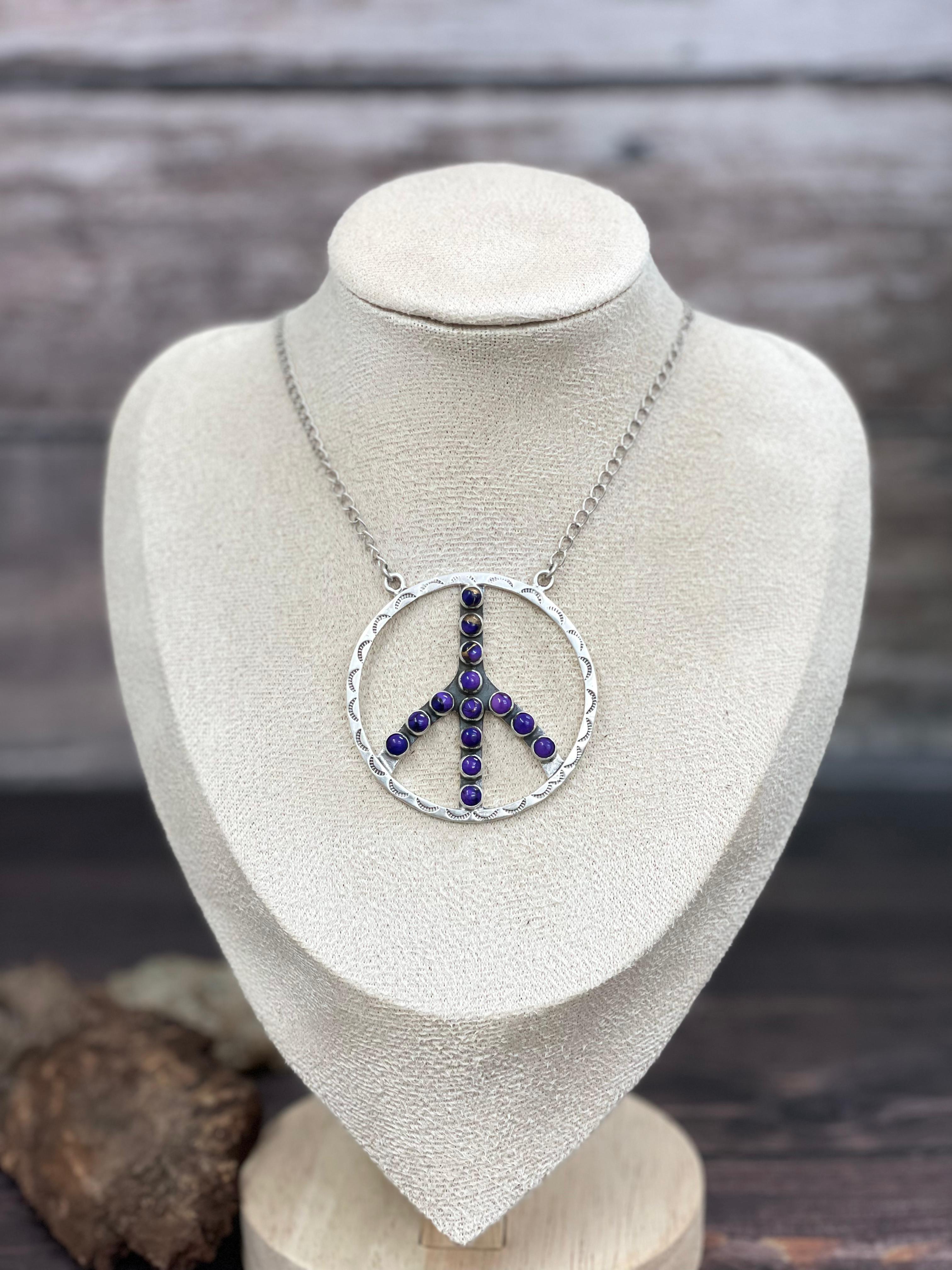 Handmade Sterling Silver Multi Stone PEACE Necklace Signed Nizhoni