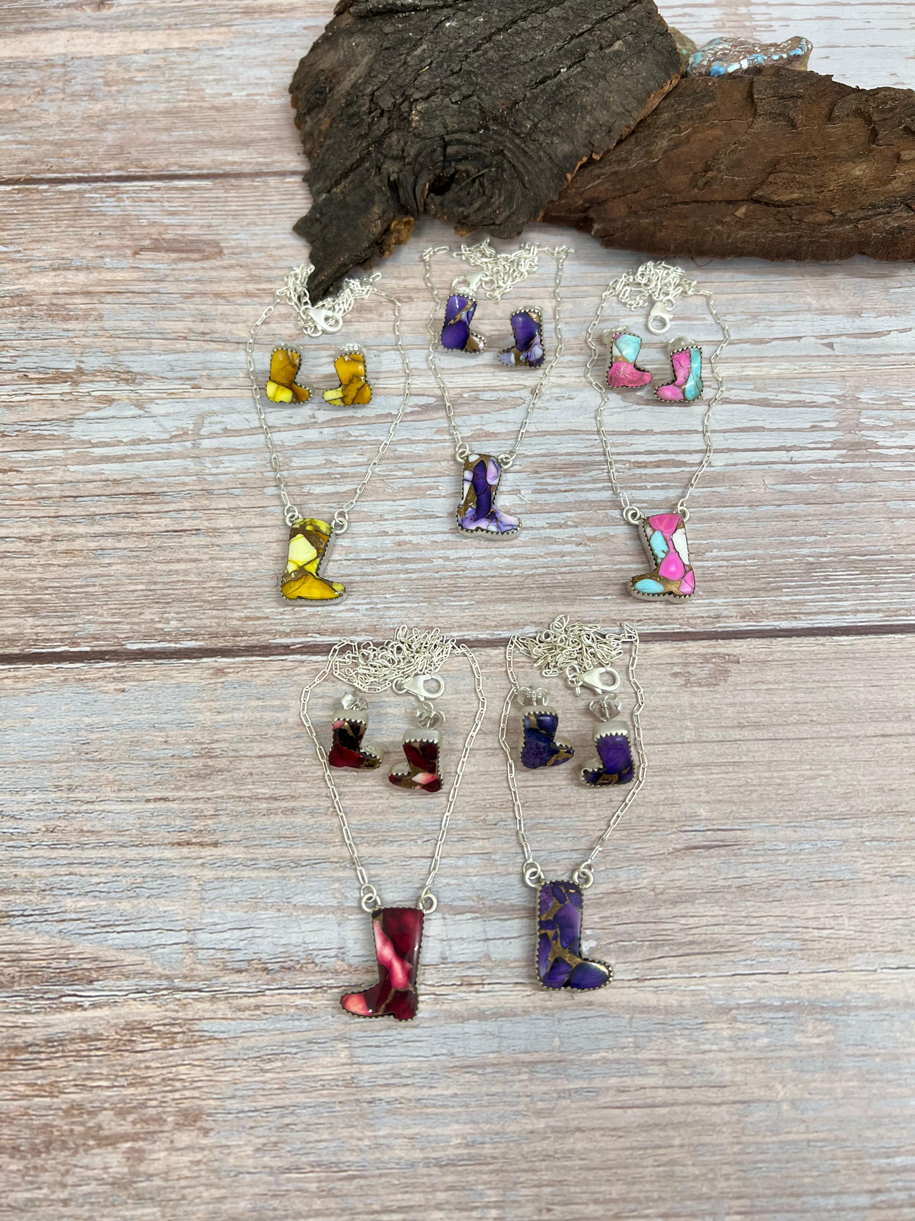 Handmade Sterling Silver Multi Stone Boot Necklace Earrings Set Signed Nizhoni