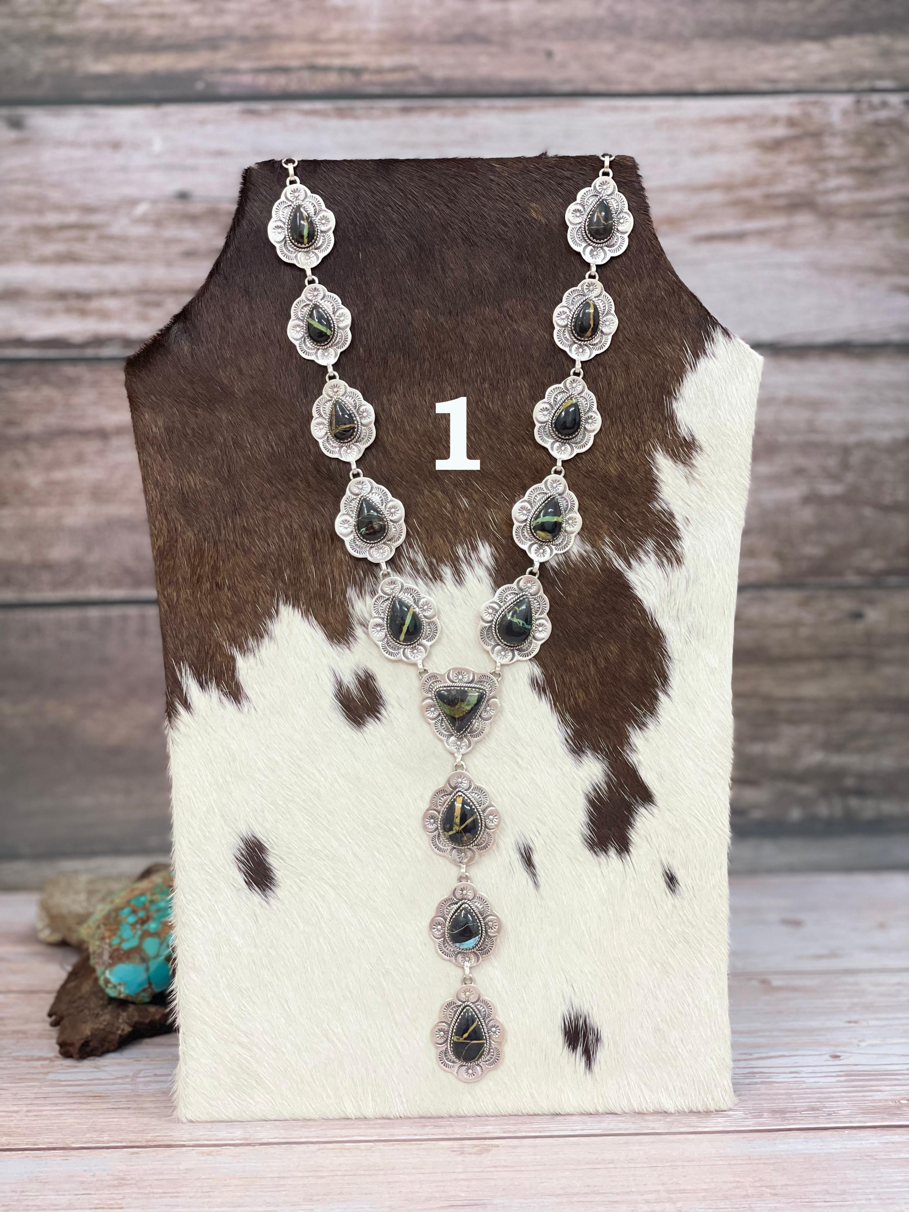 Handmade Sterling Silver Blackjack Turquoise Lariat Necklace with Signed Nizhoni