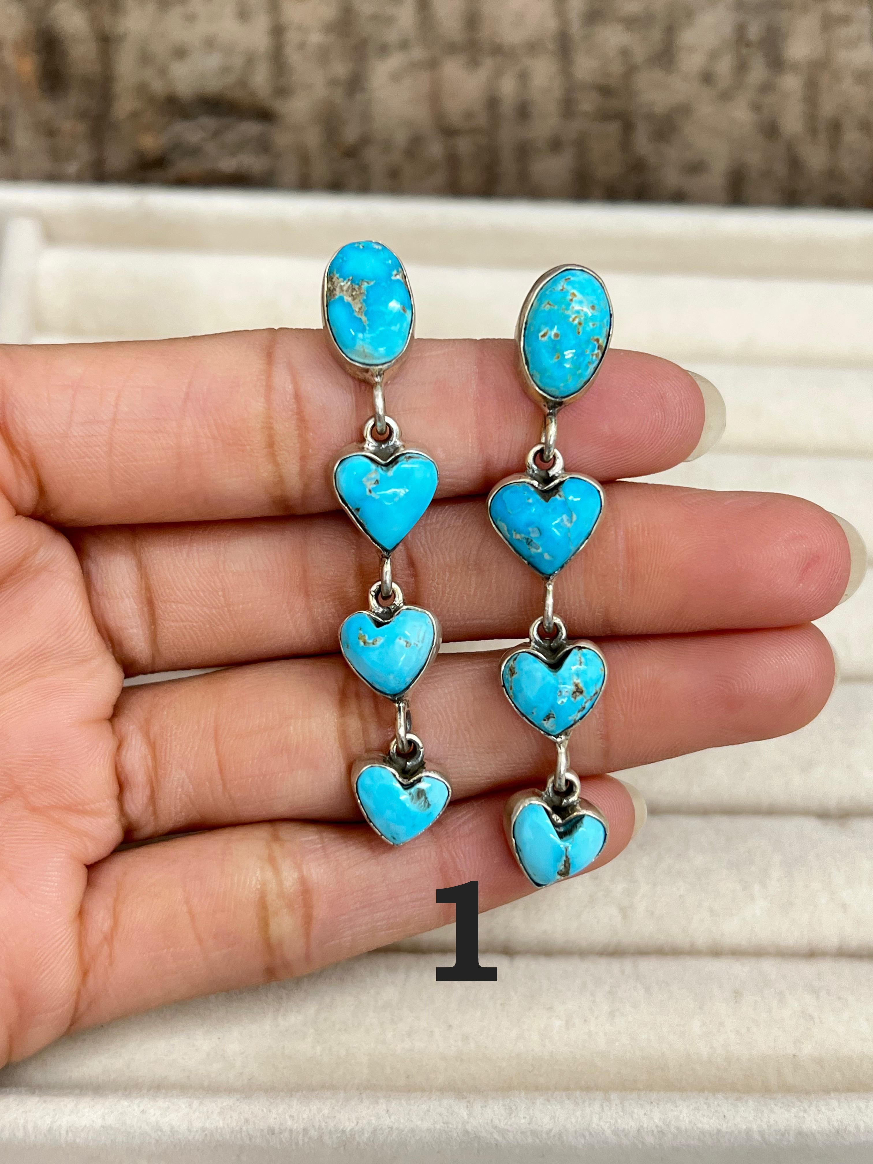 Handmade Sterling Silver Blue Bird Turquoise Dangle Earrings with Signed Nizhoni