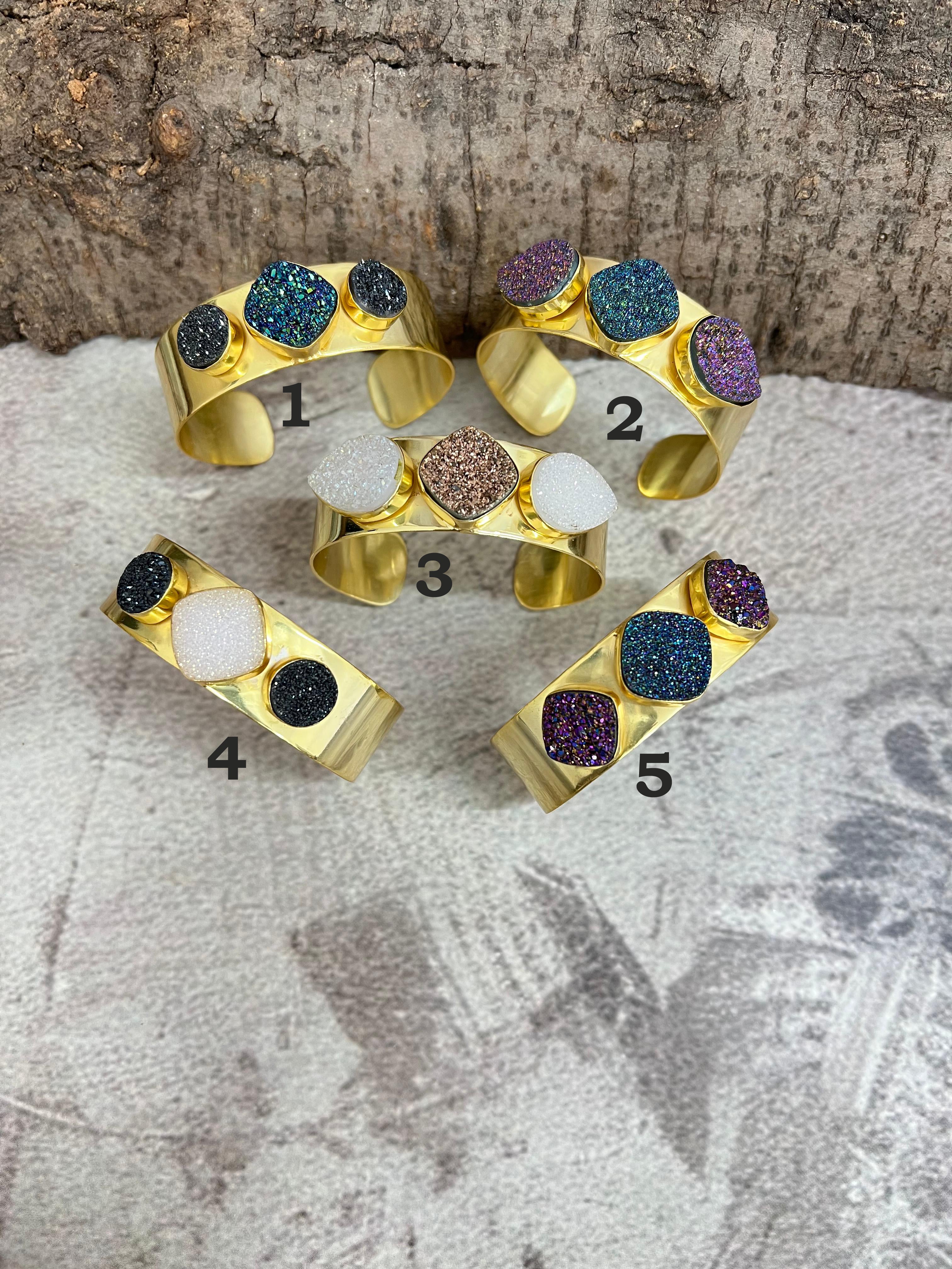 “The Boho Collection” Handmade Natural Gold Plated 3 Stone Druzy Cuff Bracelet