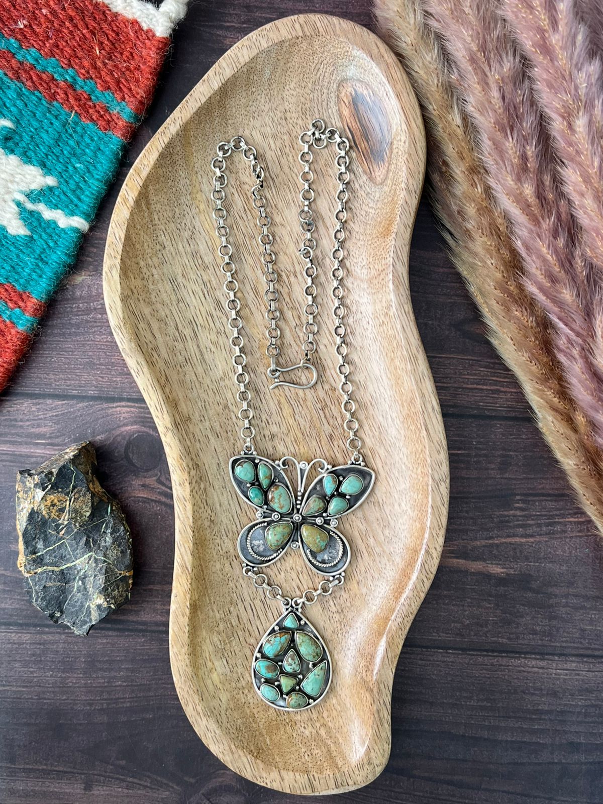 Handmade Sterling Silver Baja Turquoise Collection: Butterfly Drop Necklace "Signed Nizhoni"