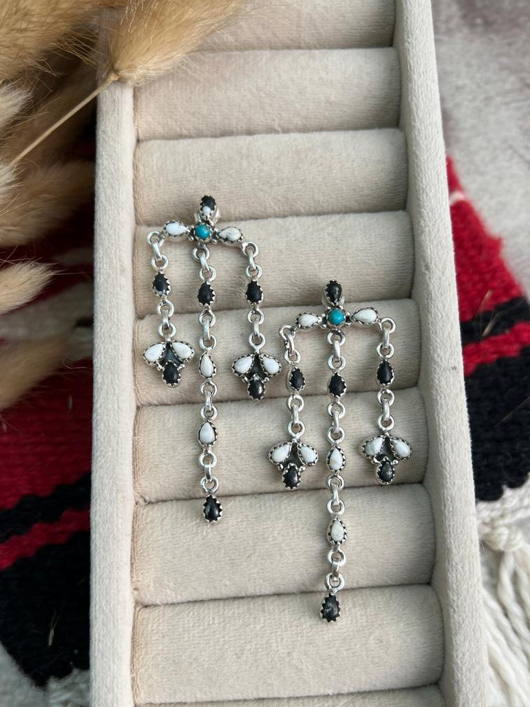 Handmade Sterling Silver Kingman Turquoise with White Buffalo Post Dangle Earrings "Signed Nizhoni"