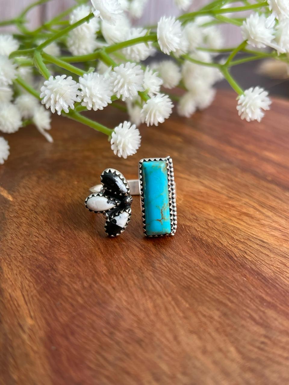 Handmade Sterling Silver Blue Kingman Turquoise with White Buffalo Adjustable Ring "Signed Nizhoni"