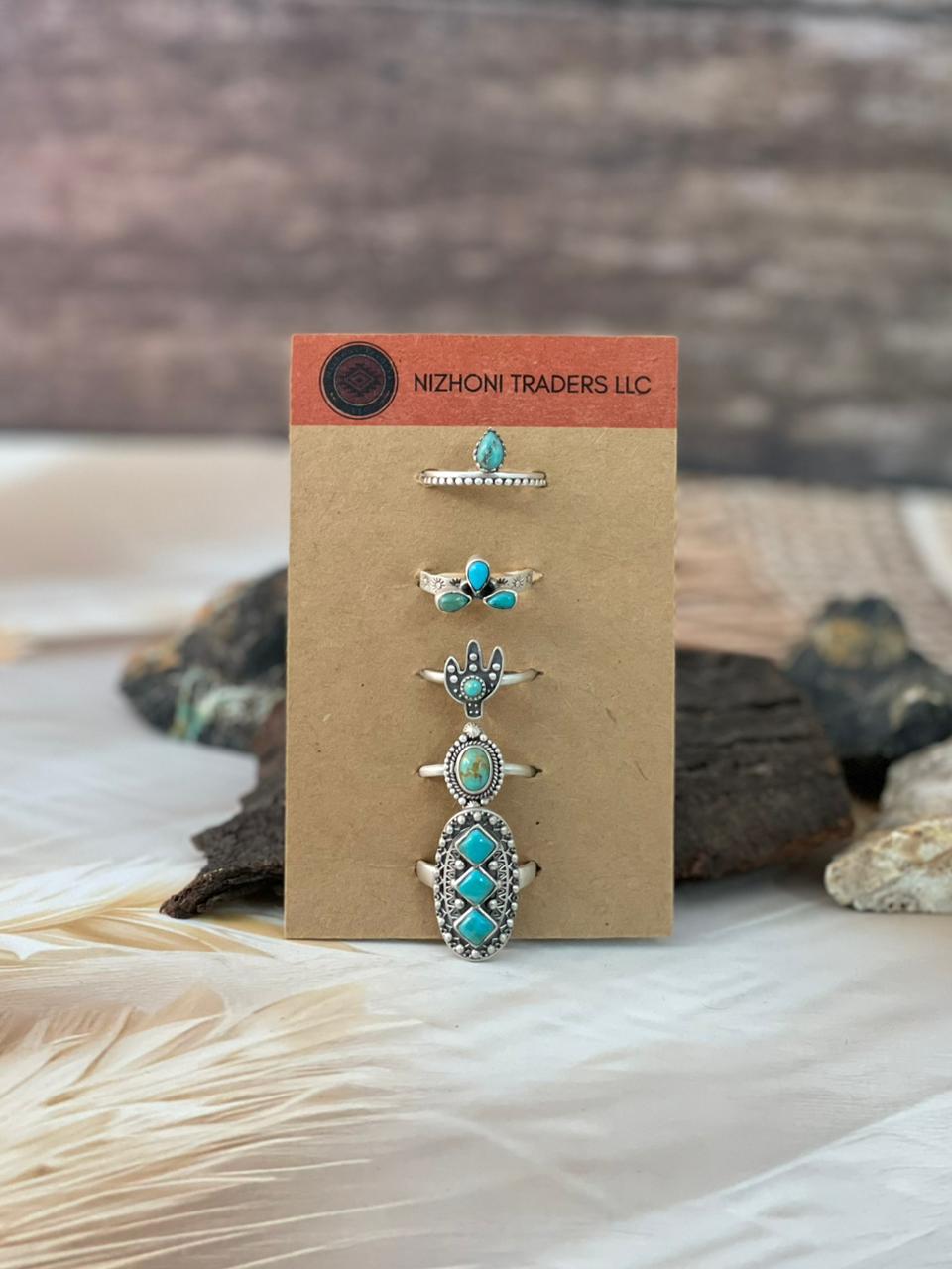 Handmade Sterling Silver Kingman Turquoise Adjustable Ring Card