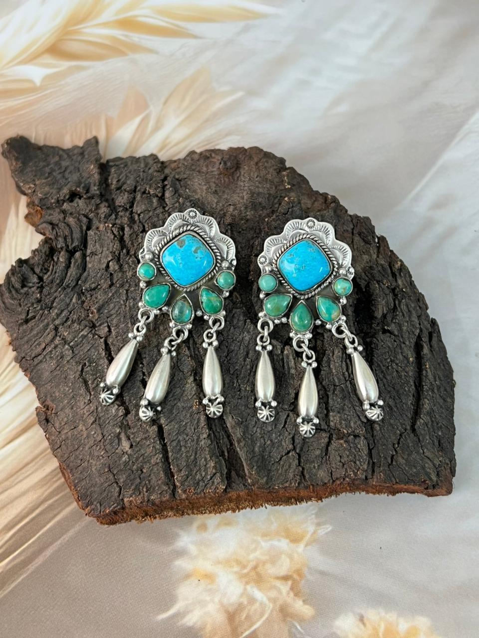Handmade Sterling Silver Blue Kingman with Mojave Turquoise Post Dangle Earrings "Signed Nizhoni"