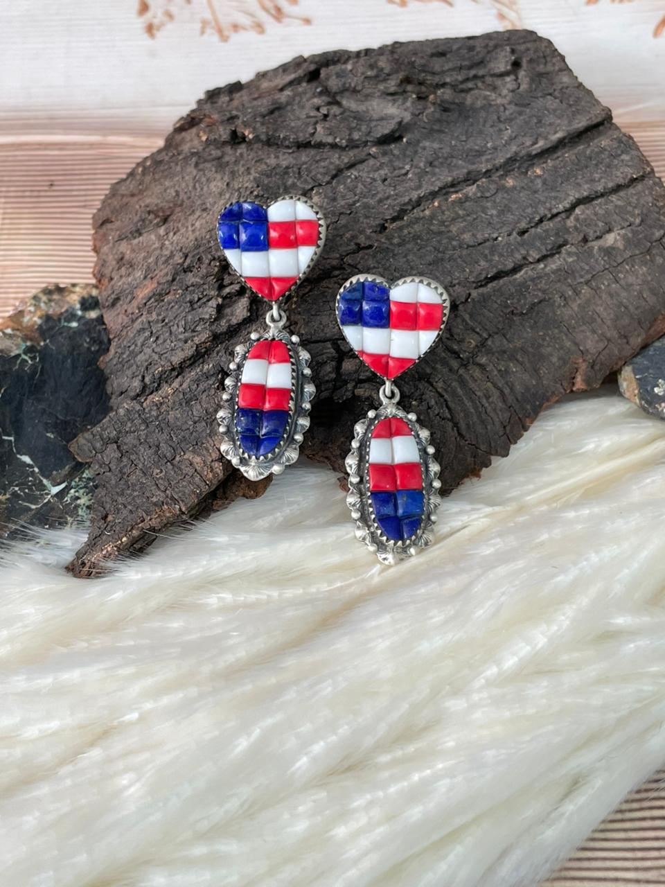 Handmade Sterling Silver 4th Of July Collection: Rosarita with Lapis and White Buffalo Post Dangle Earrings "Signed Nizhoni"