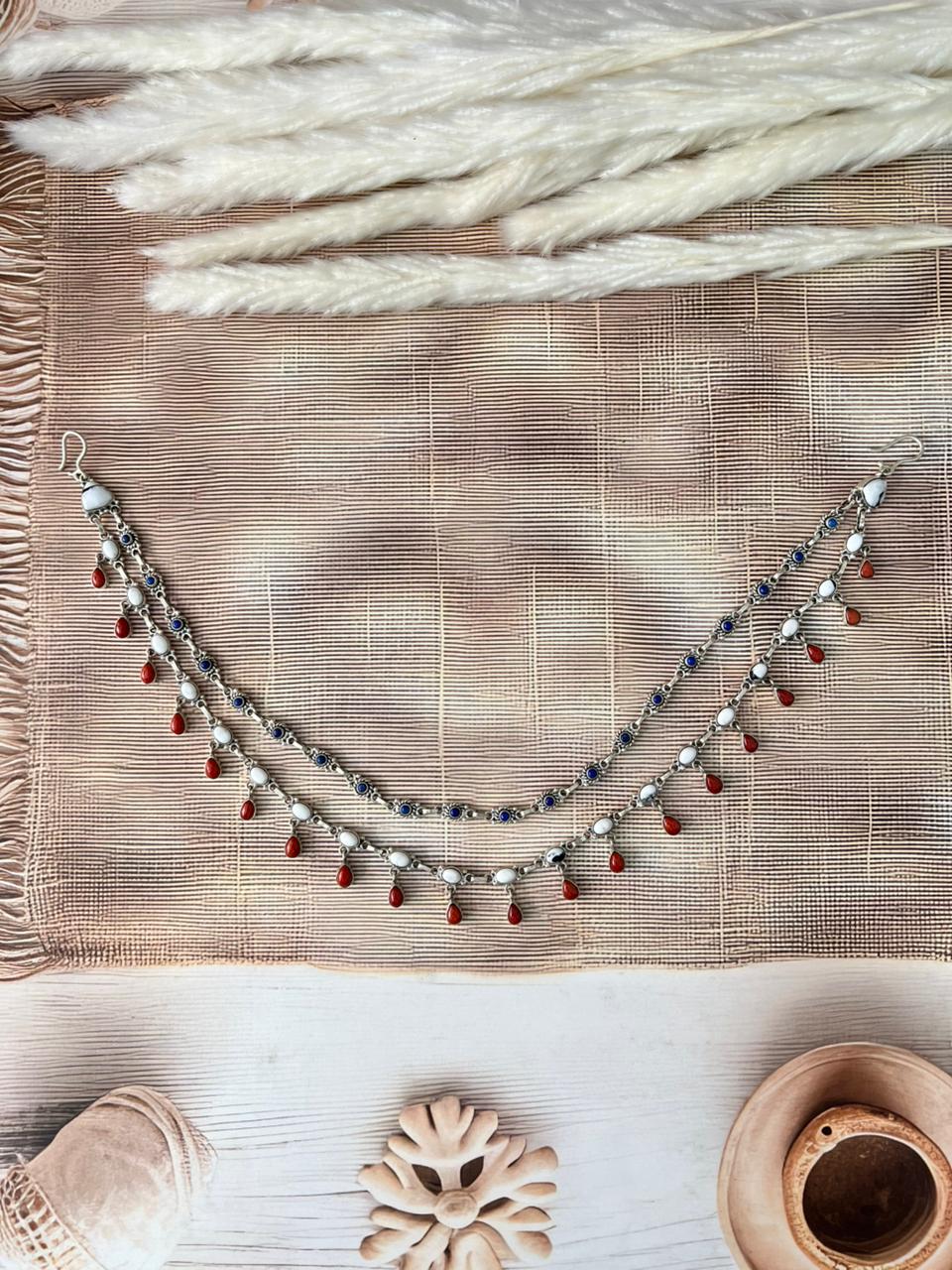 Handmade Sterling Silver 4th Of July Collection: Coral with Lapis and White Buffalo Purse Chain "Signed Nizhoni"