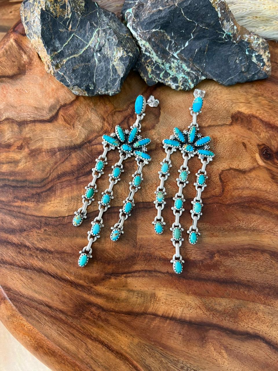 Handmade Sterling Silver Kingman Turquoise Post Dangle Earrings "Signed Nizhoni"