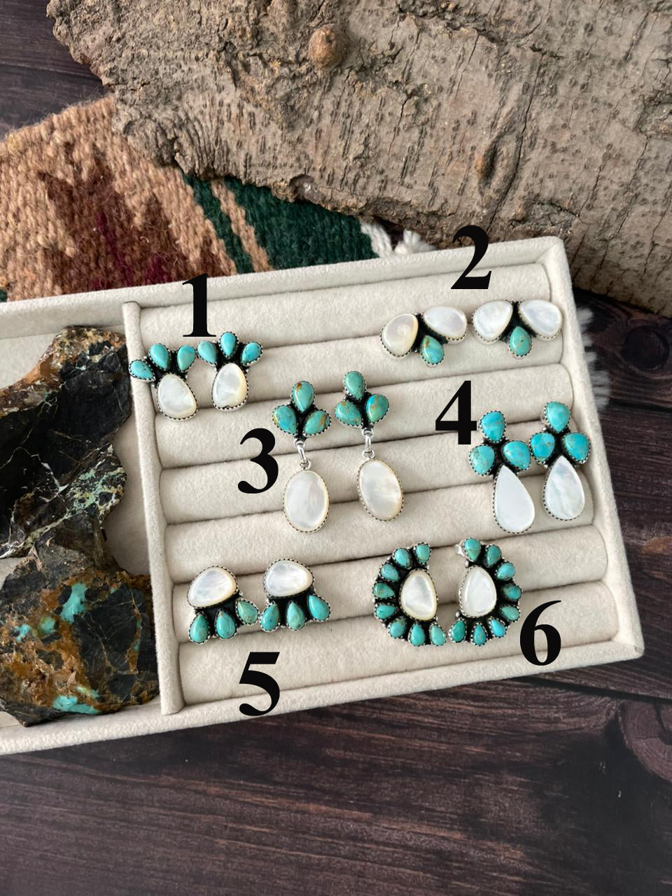 Handmade Sterling Silver Wedding Collection: Mother of Pearl with Kingman Turquoise Post Studs and Dangle Earrings "Signed Nizhoni"