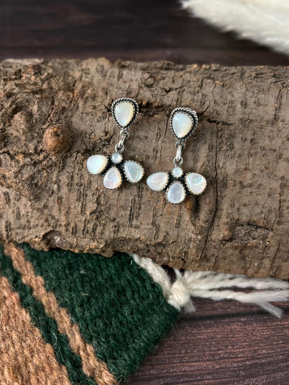 Handmade Sterling Silver Wedding Collection: Mother of Pearl Post Dangle Earrings "Signed Nizhoni"