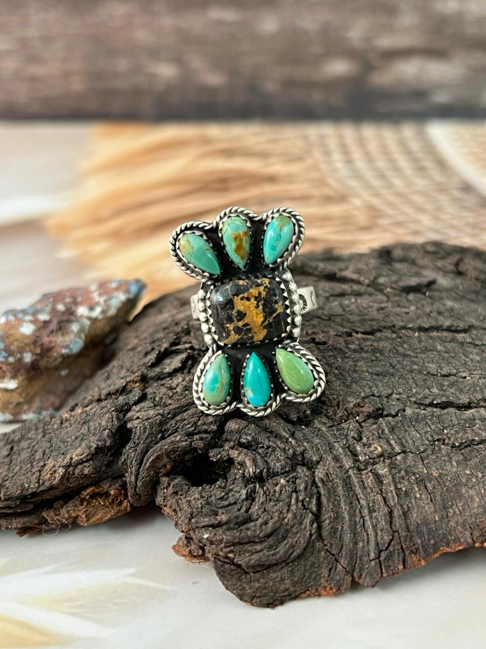 Handmade Sterling Silver Blackjack with Kingman Turquoise Adjustable Ring "Signed Nizhoni"