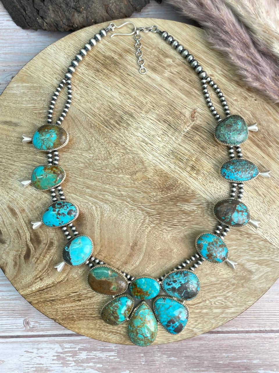 Handmade Sterling Silver Royston Turquoise Collection: Squash Blossom Beaded Necklace "Signed Nizhoni"