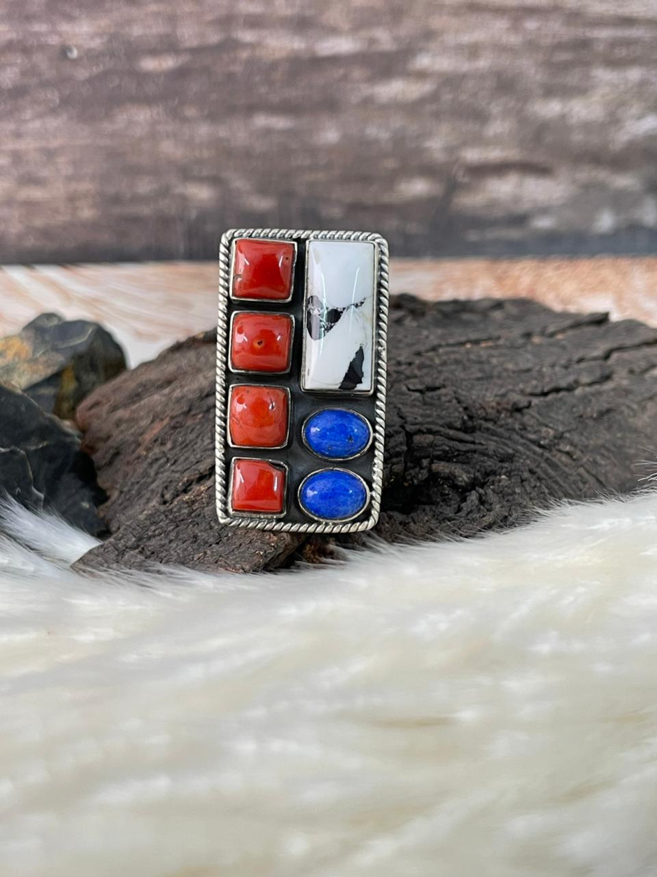 Handmade Sterling Silver 4th Of July Collection: Coral with Lapis and White Buffalo Bar Adjustable Ring "Signed Nizhoni" (1)
