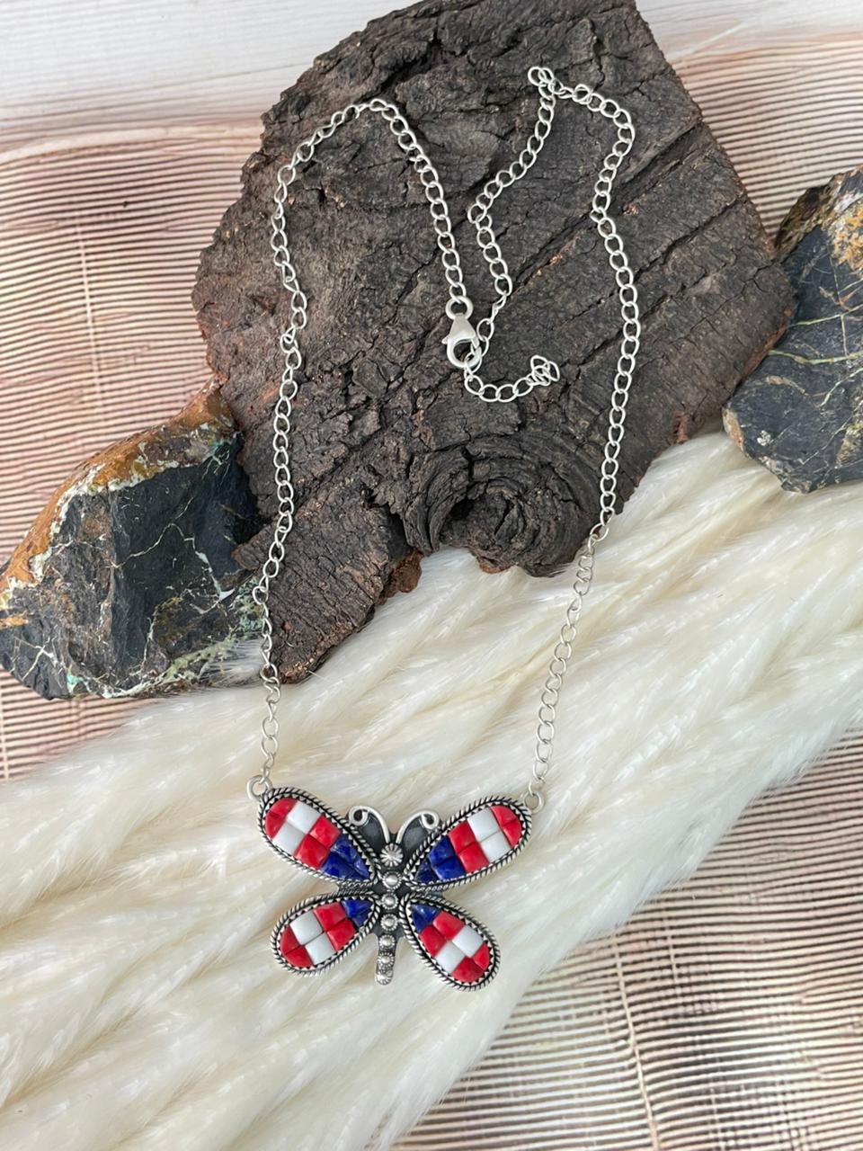 Handmade Sterling Silver 4th Of July Collection: Rosarita with Lapis and White Buffalo Butterfly  Necklace "Signed Nizhoni"