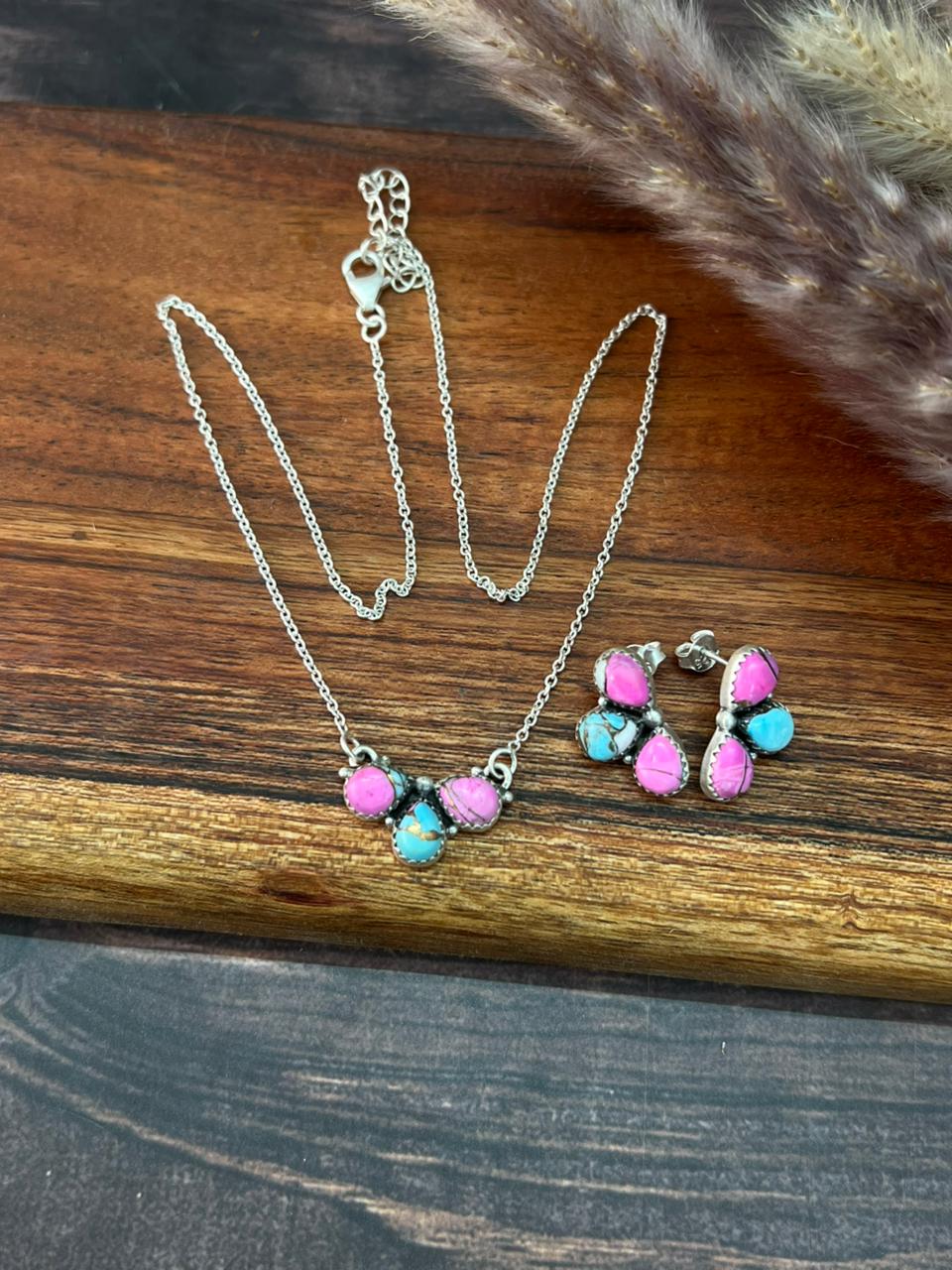 Handmade Sterling Silver Cotton Candy Necklace Earrings Set "Signed Nizhoni"