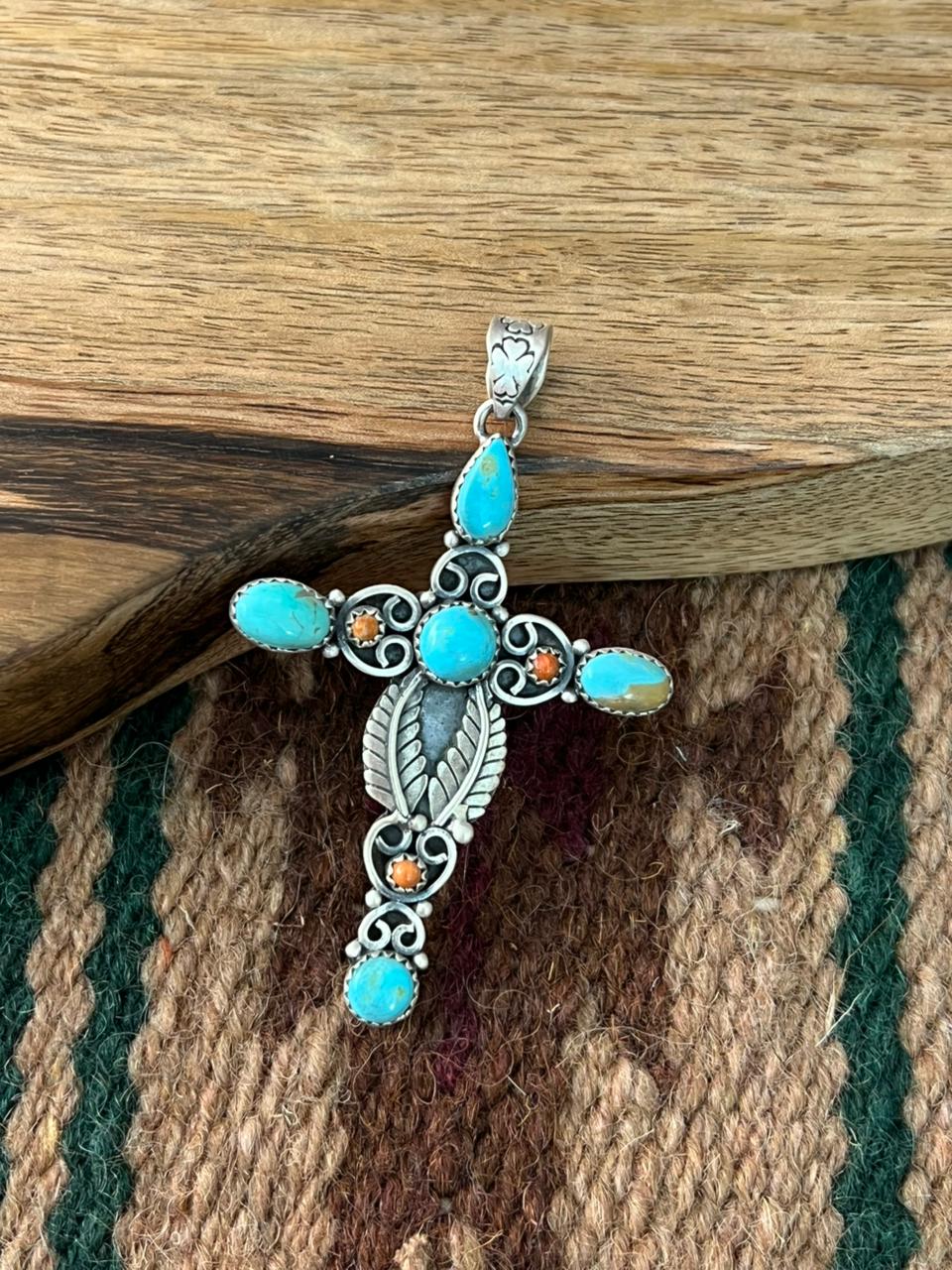 Handmade Sterling Silver Orange Mojave with Kingman Turquoise Cross Pendant "Signed Nizhoni"