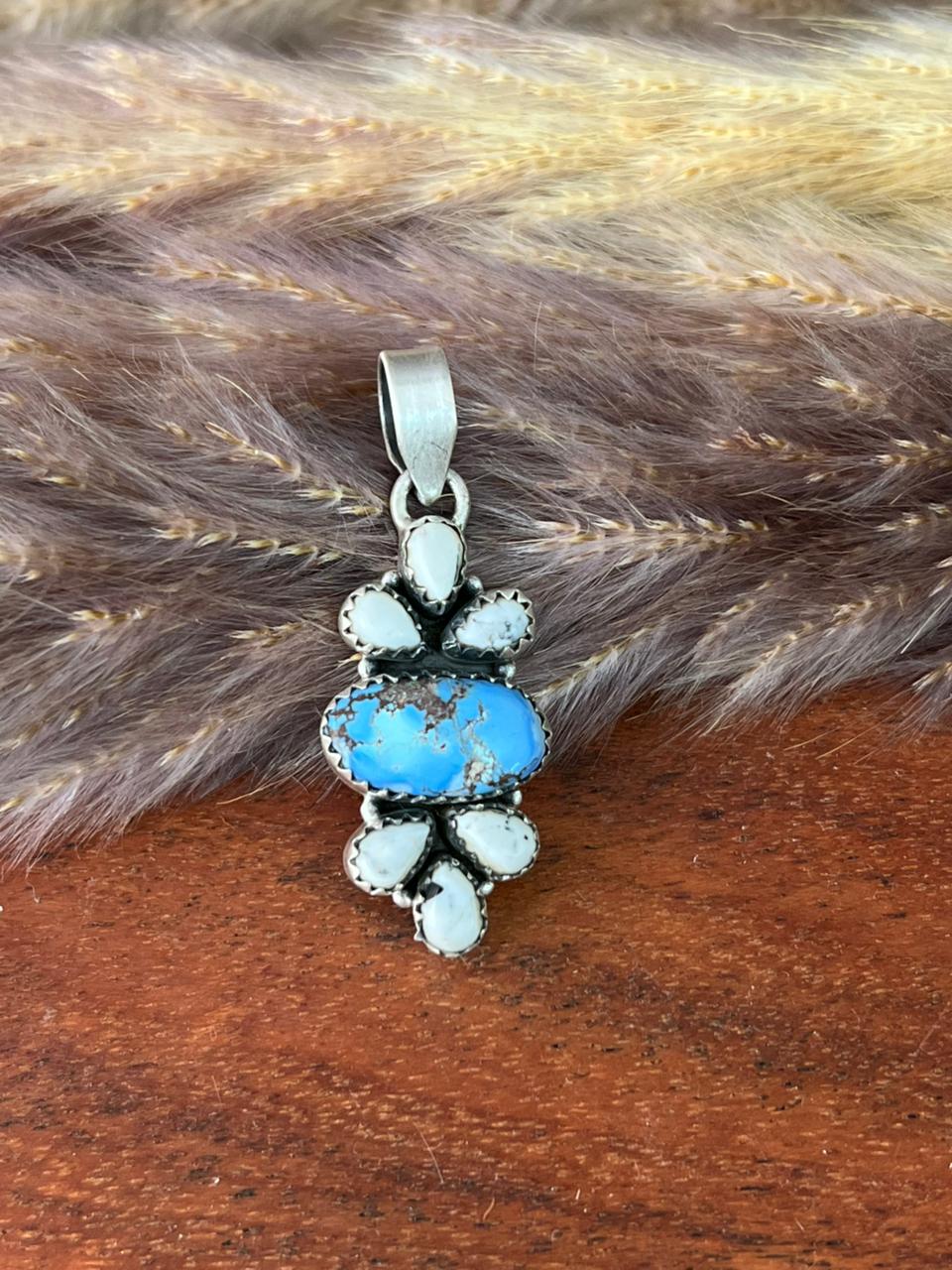 Handmade Sterling Silver Canyon Sunset Collection: Golden Hills Turquoise with White Buffalo Pendant "Signed Nizhoni" (5)