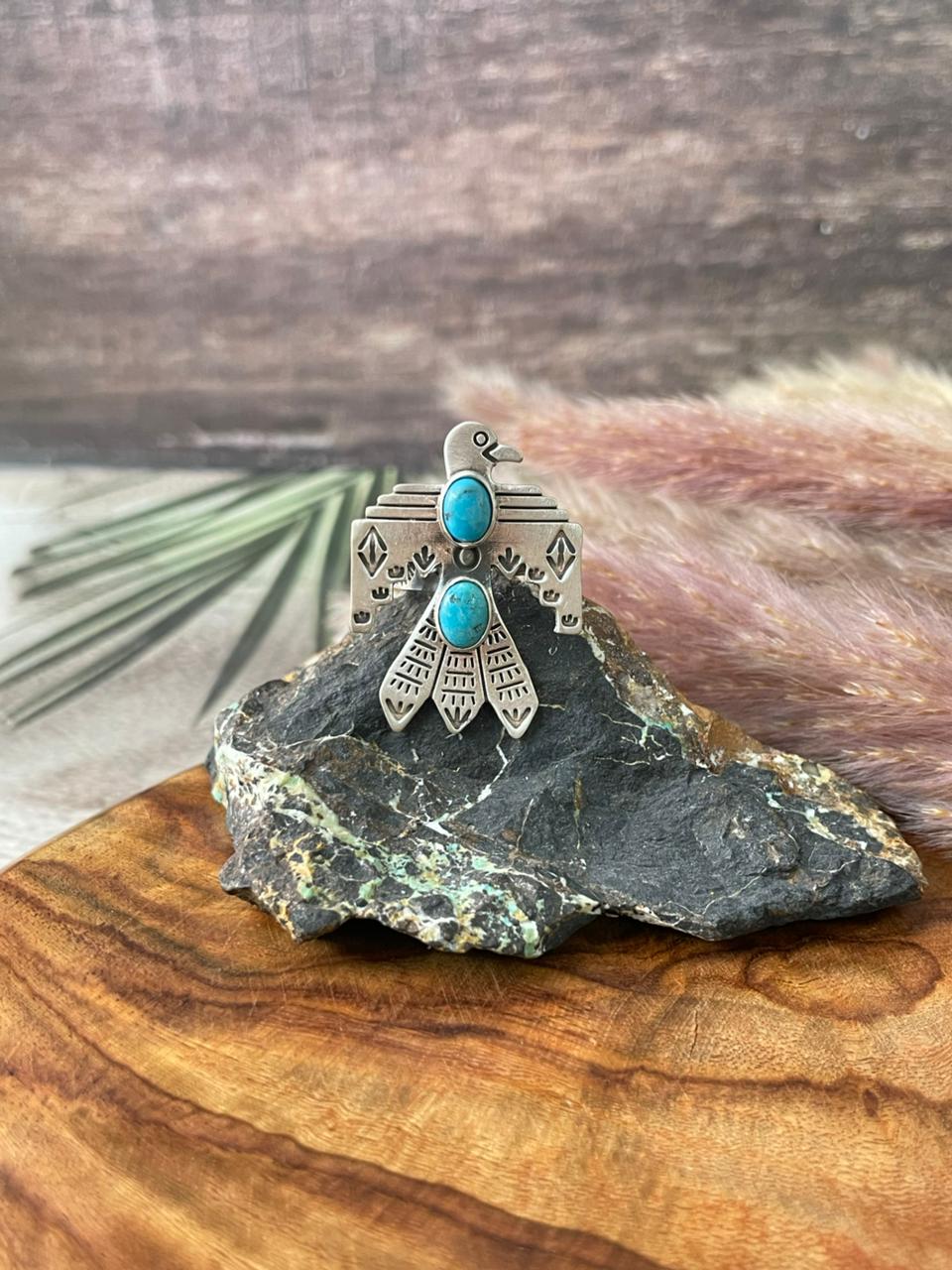 Handmade Sterling Silver Kingman Turquoise Thunderbird Adjustable Ring "Signed Nizhoni"