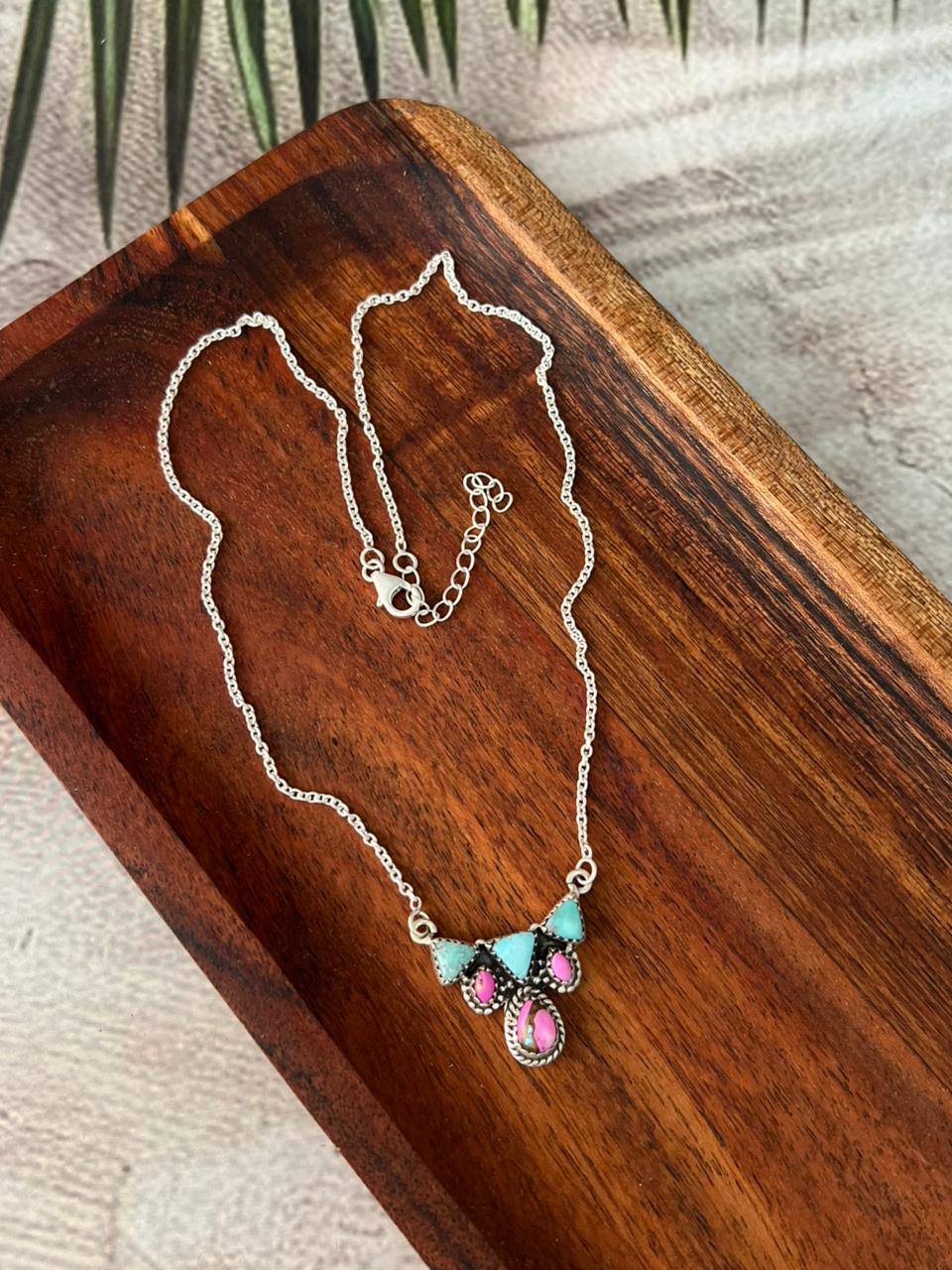 Handmade Sterling Silver Cotton Candy with White Water Turquoise Necklace "Signed Nizhoni"