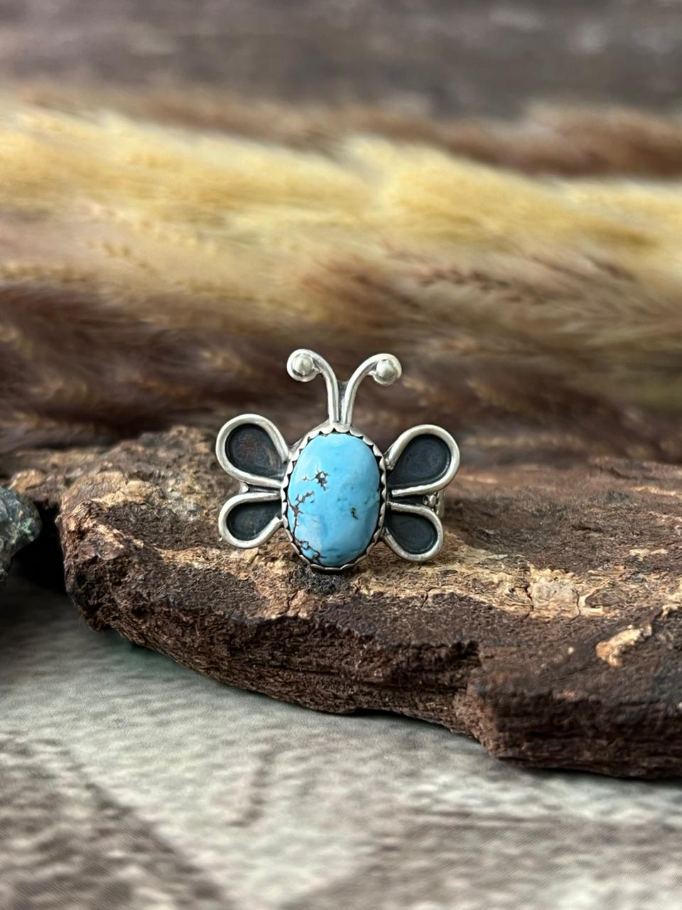 Handmade Sterling Silver Golden Hills Turquoise Butterfly Adjustable Ring "Signed Nizhoni"