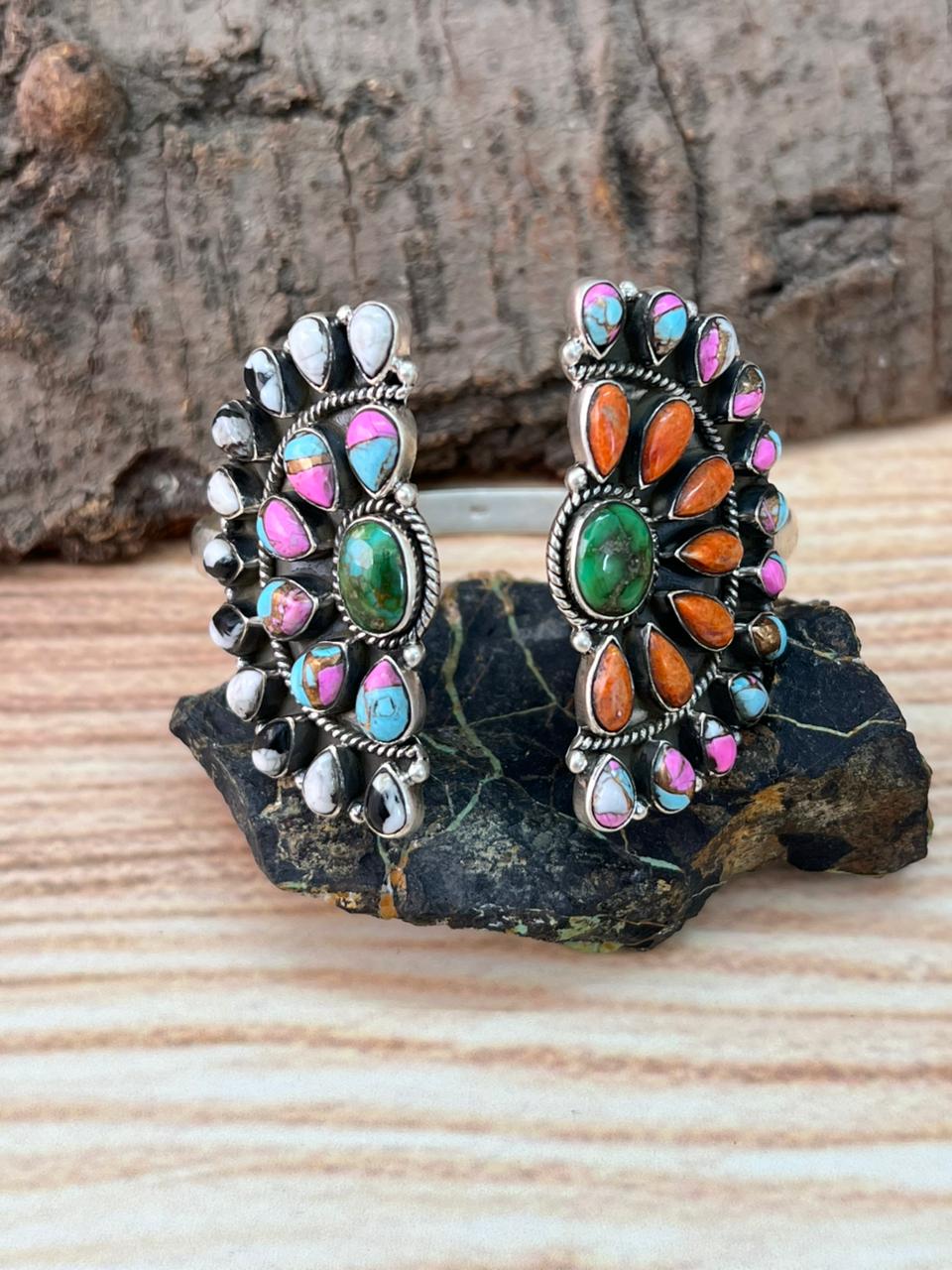 Handmade Sterling Silver Spring Collection: Sonoran Mountain Turquoise with Orange Mojave, Cotton Candy and White Buffalo Cuff Bracelet "Signed Nizhoni"