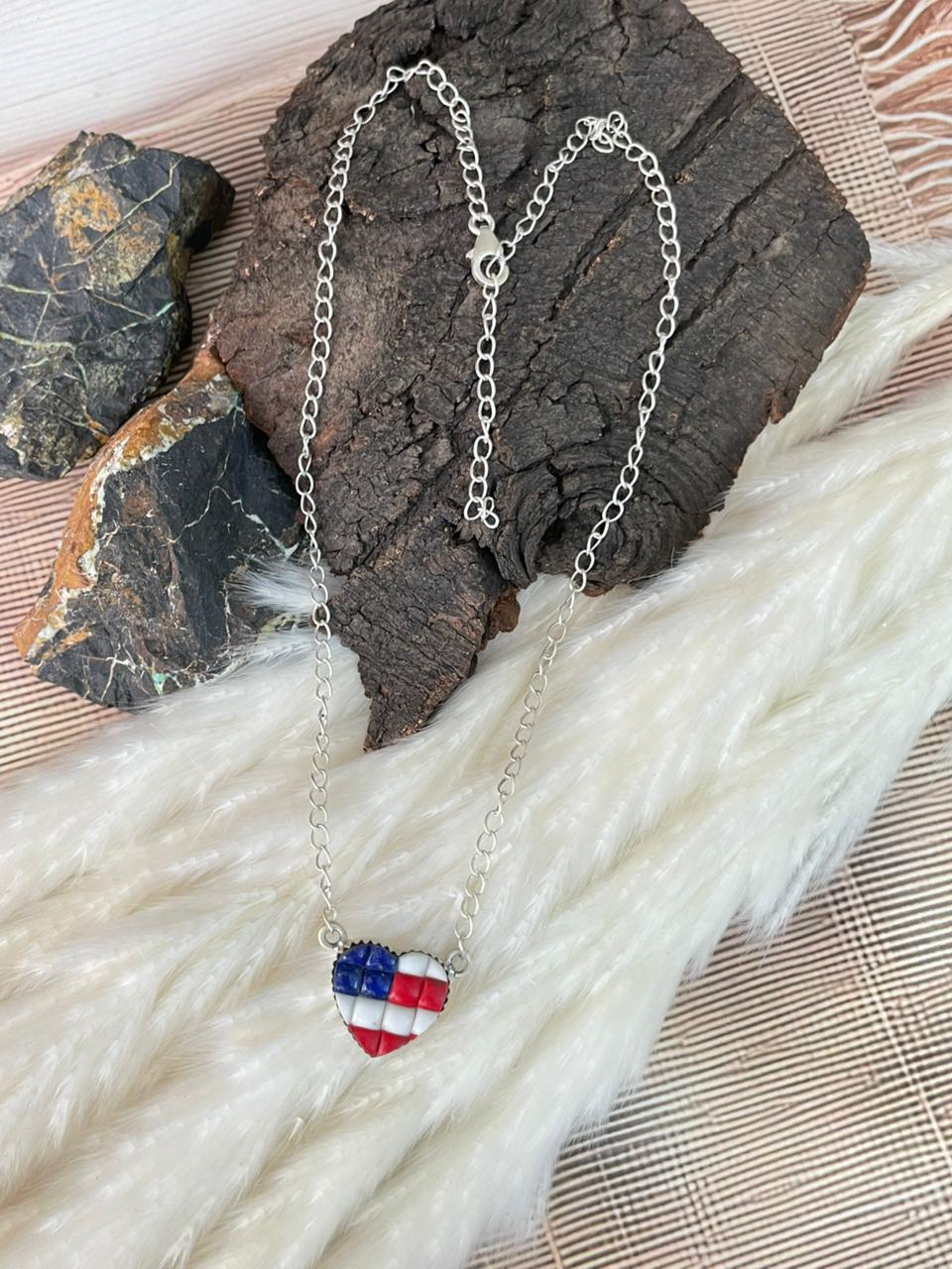 Handmade Sterling Silver 4th Of July Collection: Rosarita with Lapis and White Buffalo Heart Necklace "Signed Nizhoni"
