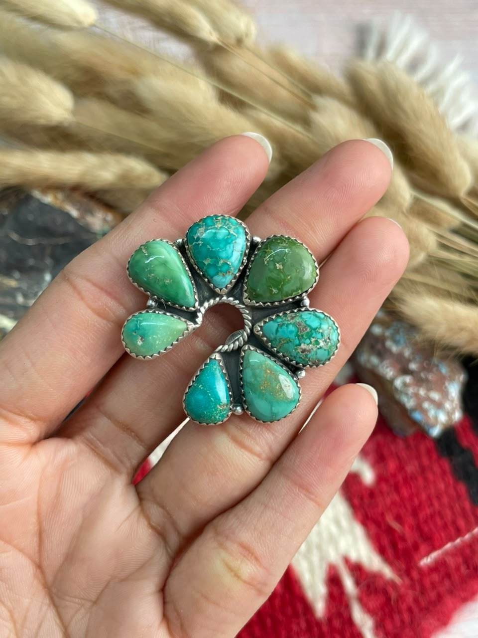 Handmade Sterling Silver Emerald Valley Turquoise Collection: Adjustable Naja Ring Signed Nizhoni