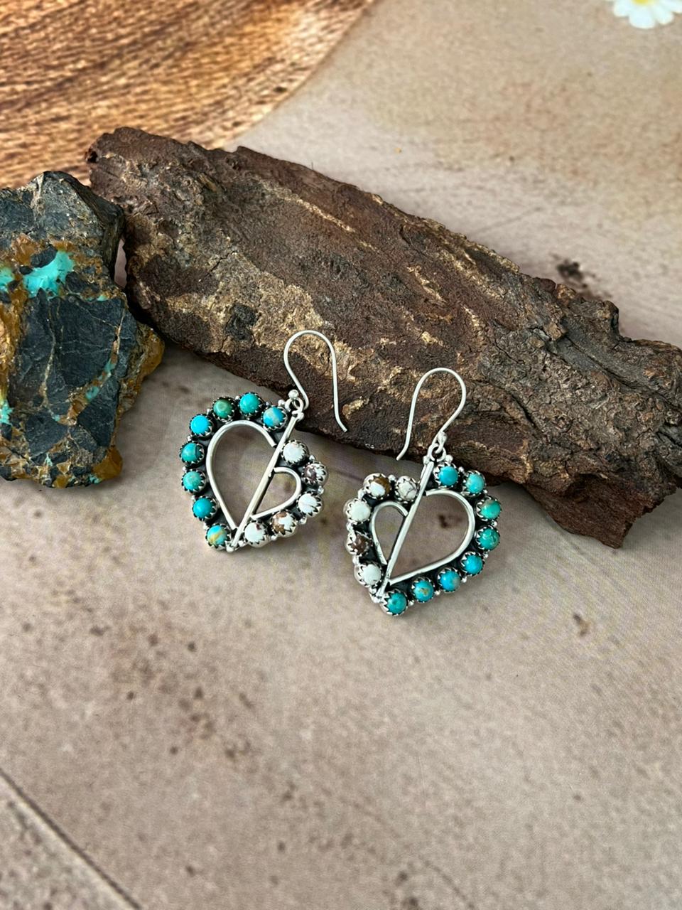 Handmade Sterling Silver Mama Collection: Wild horse Magnesite with Kingman Turquoise Hook Dangle Heart Earrings "Signed Nizhoni"