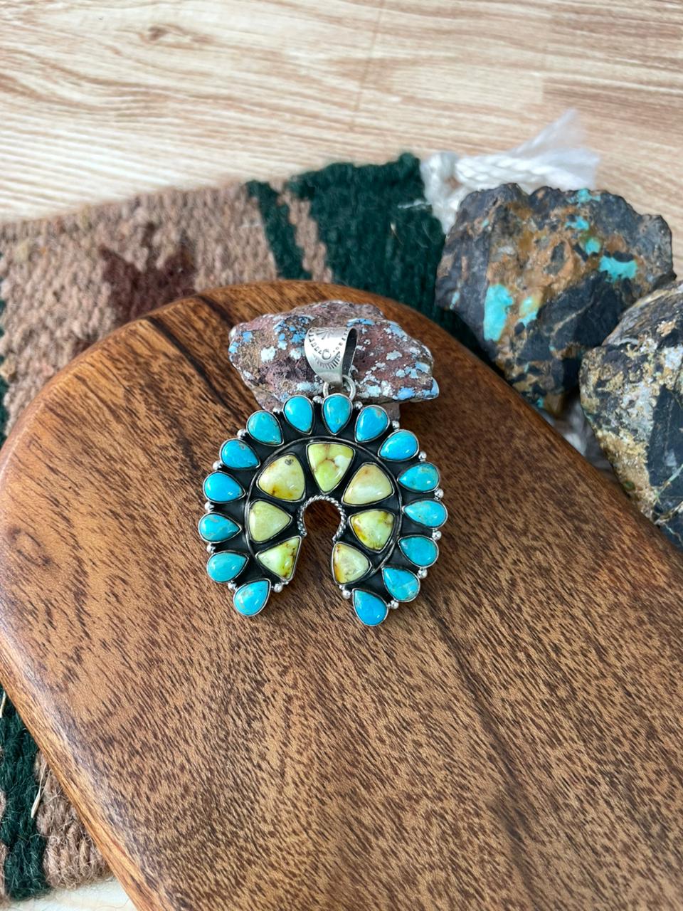 Handmade Sterling Silver Palomino with Kingman Turquoise Naja Pendant "Signed Nizhoni"