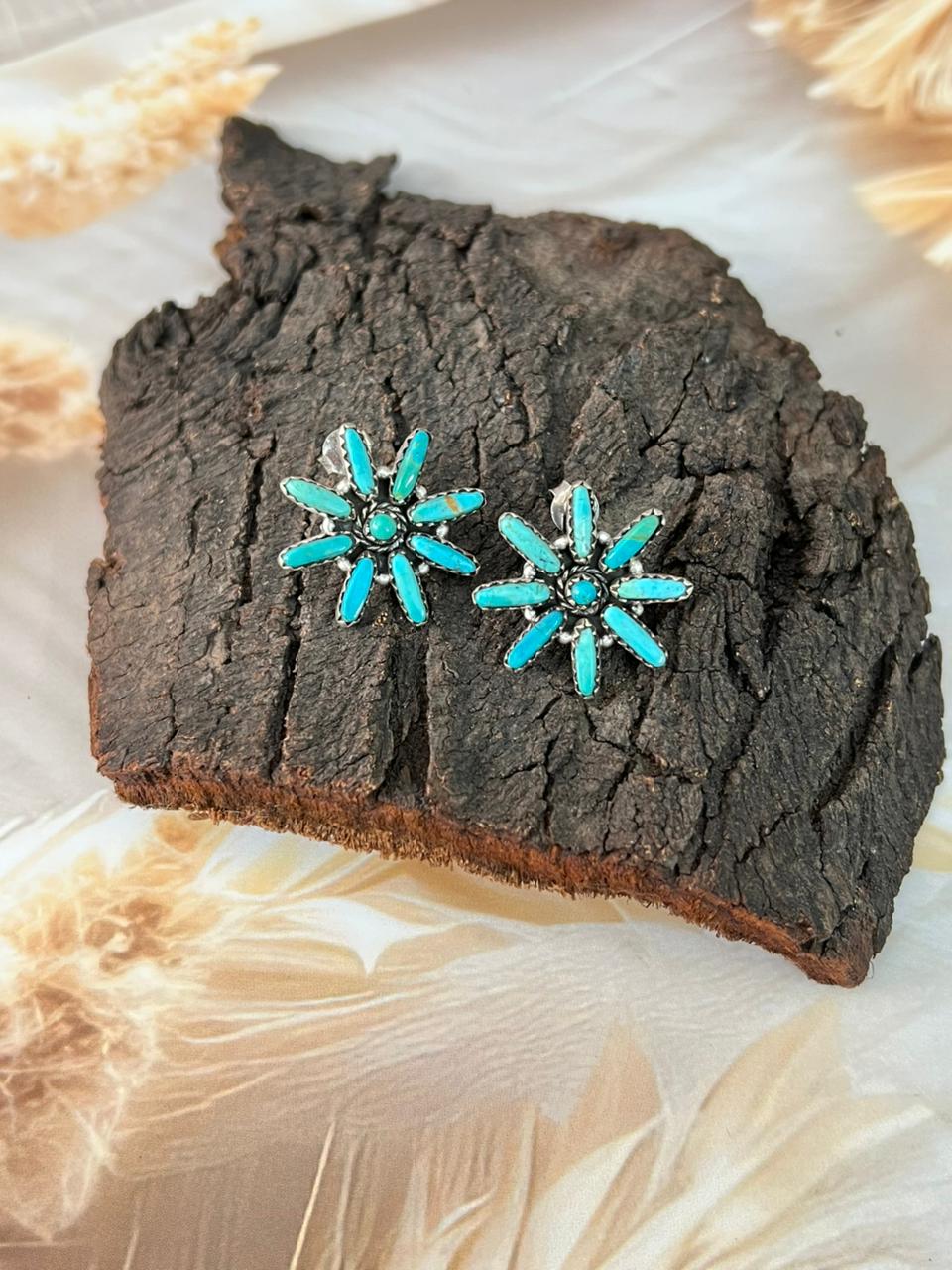 Handmade Sterling Silver Kingman Turquoise Post Studs Earrings "Signed Nizhoni"