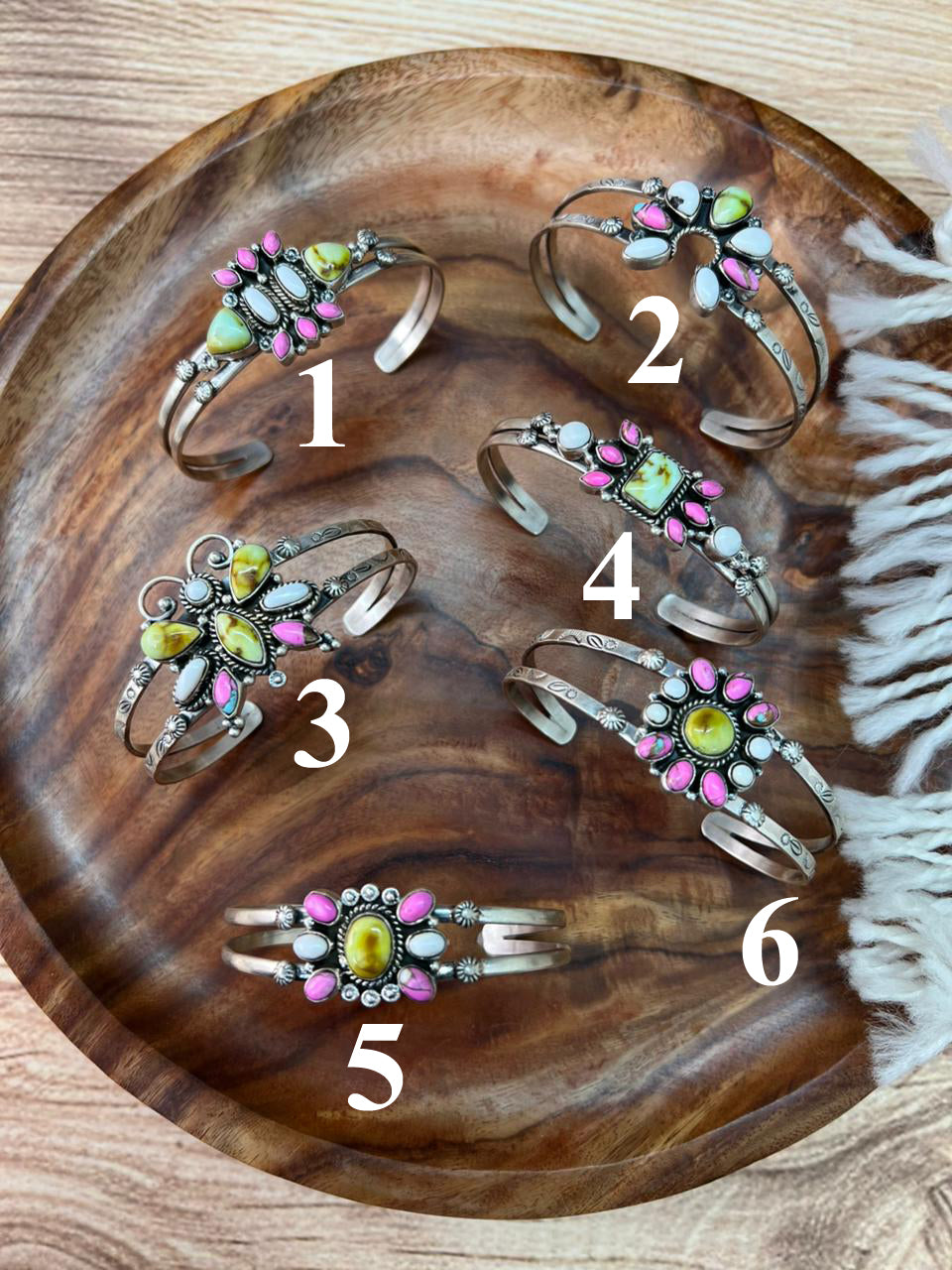 Handmade Sterling Silver Spring Collection: Palomino Turquoise with Cotton Candy and White Buffalo Cuff Bracelet "Signed Nizhoni"
