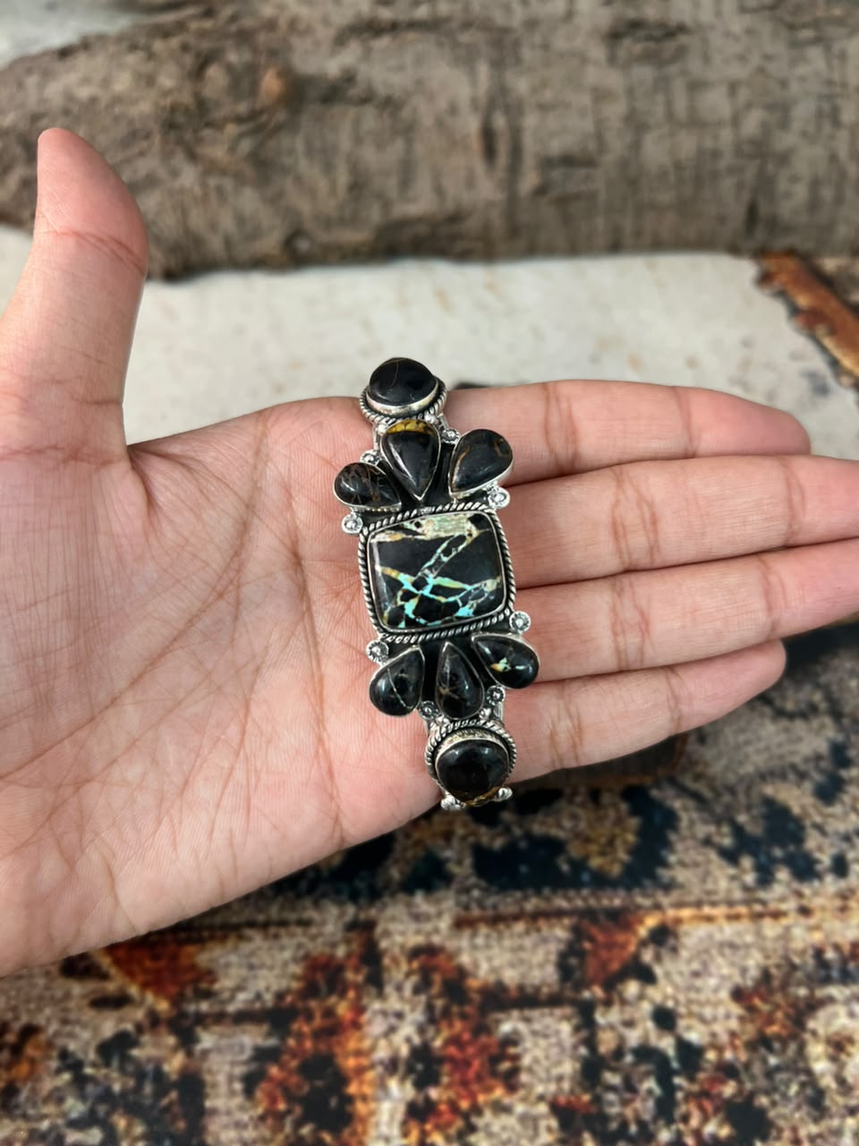 Handmade Sterling Silver Blackjack Turquoise Cuff Bracelet Signed Nizhoni