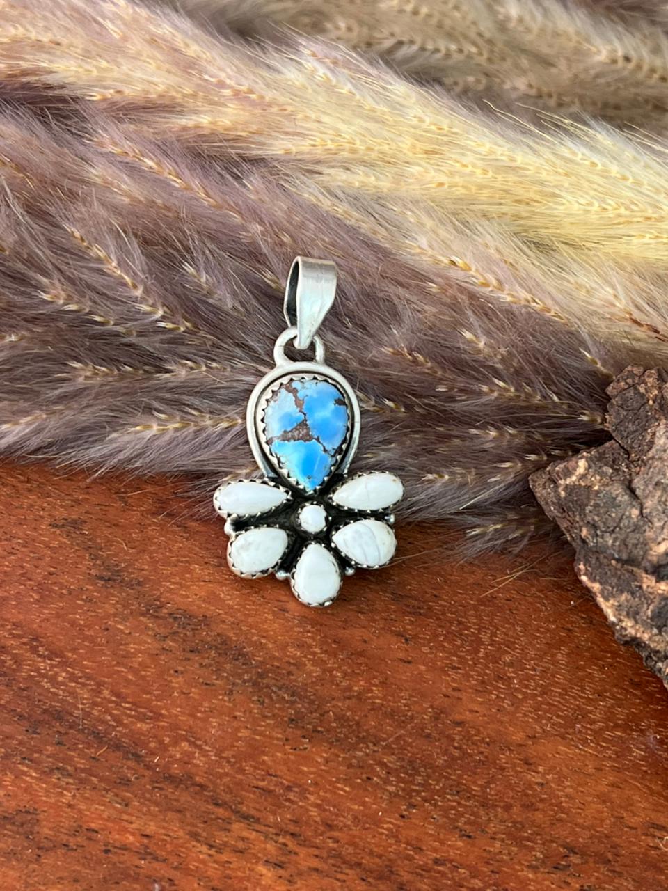 Handmade Sterling Silver Canyon Sunset Collection: Golden Hills Turquoise with White Buffalo Pendant "Signed Nizhoni" (3)