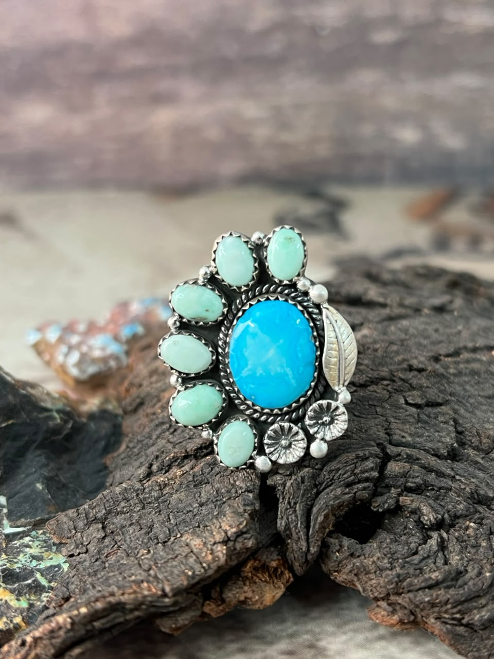 Handmade Sterling Silver White Water with Paloma Turquoise Adjustable Ring Signed Nizhoni