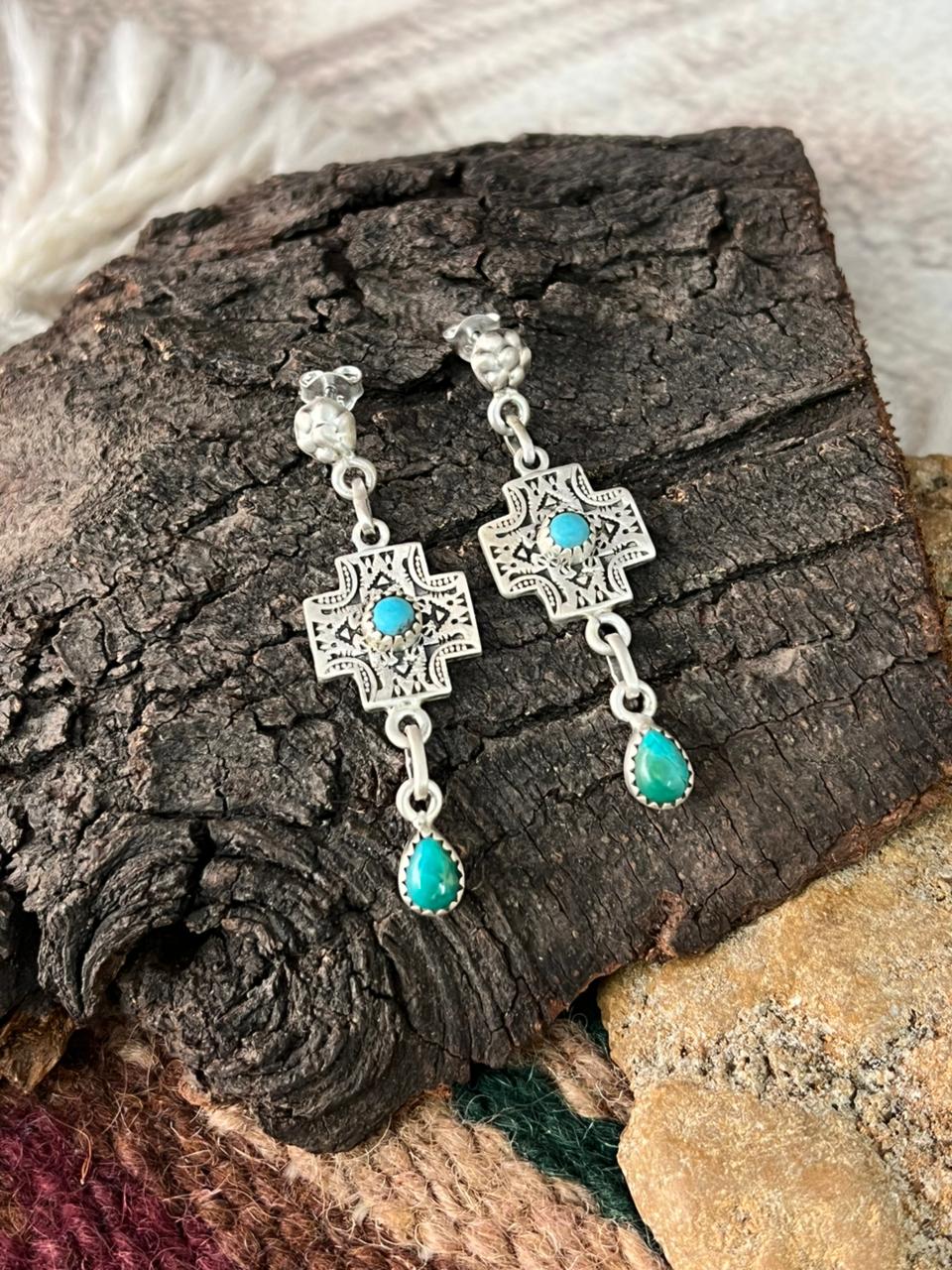 Handmade Sterling Silver Cross Kingman Turquoise Post Dangle Earrings "Signed Nizhoni"