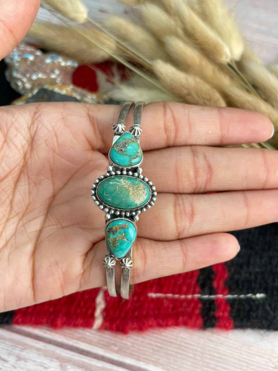 Handmade Sterling Silver Emerald Valley Turquoise Collection: Cuff Bracelet Signed Nizhoni