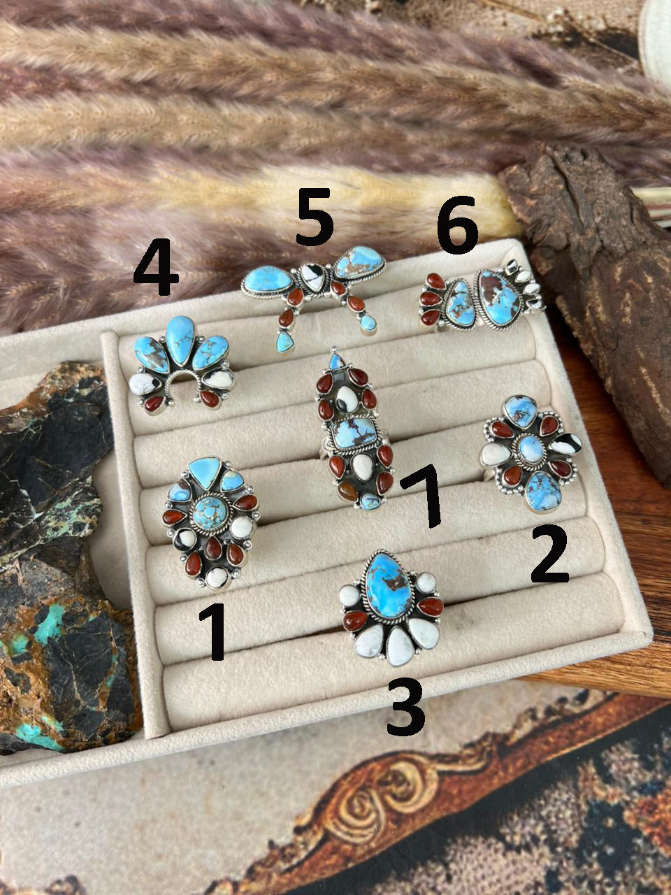 Handmade Sterling Silver Canyon Sunset Collection: Golden Hills Turquoise with White Buffalo and Carnelian Adjustable Ring "Signed Nizhoni"