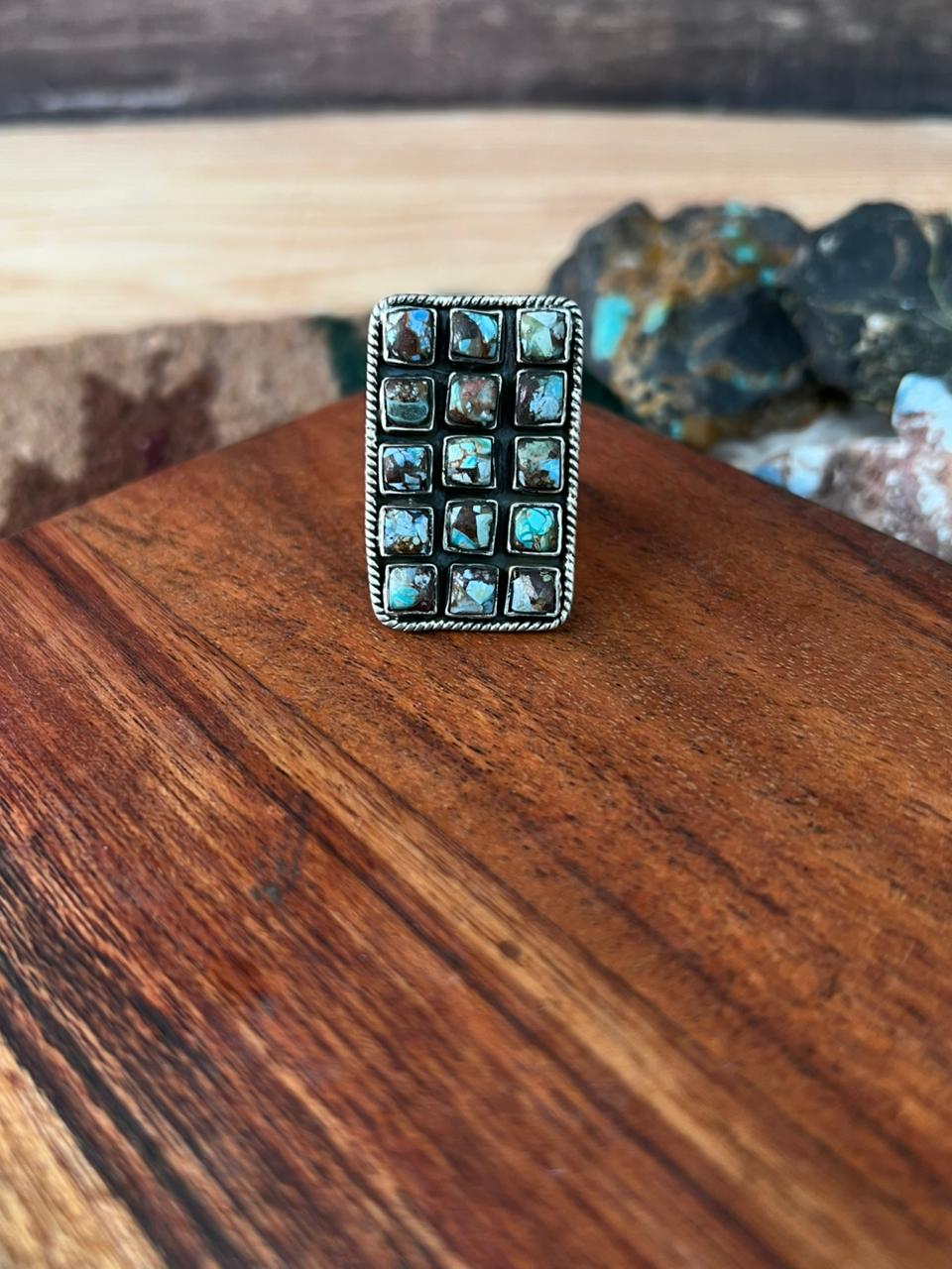Handmade Sterling Silver Matrix Golden Hills Turquoise Adjustable Ring "Signed Nizhoni"