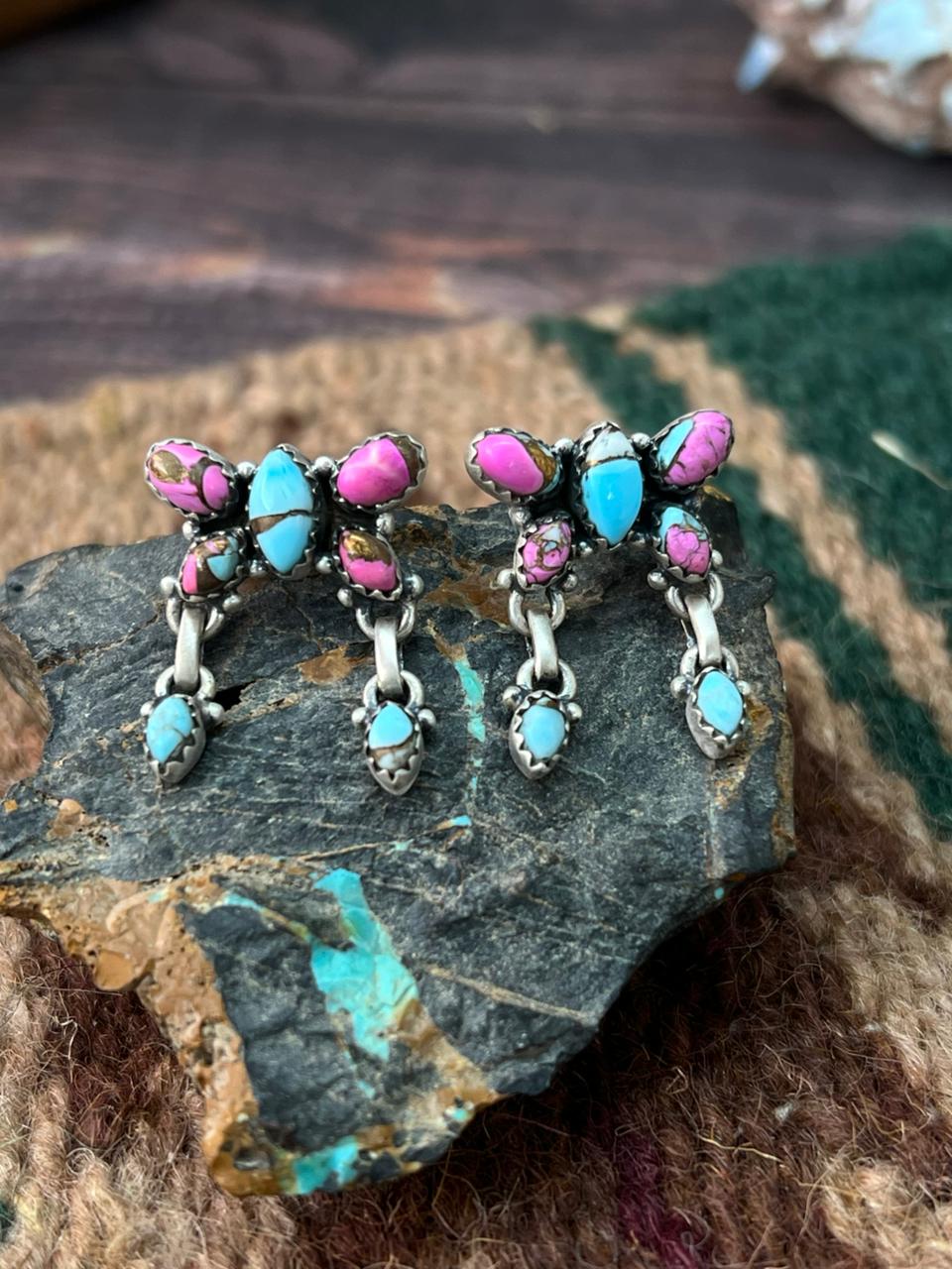 Handmade Sterling Silver Cotton Candy Post Dangle Butterfly Earrings "Signed Nizhoni"