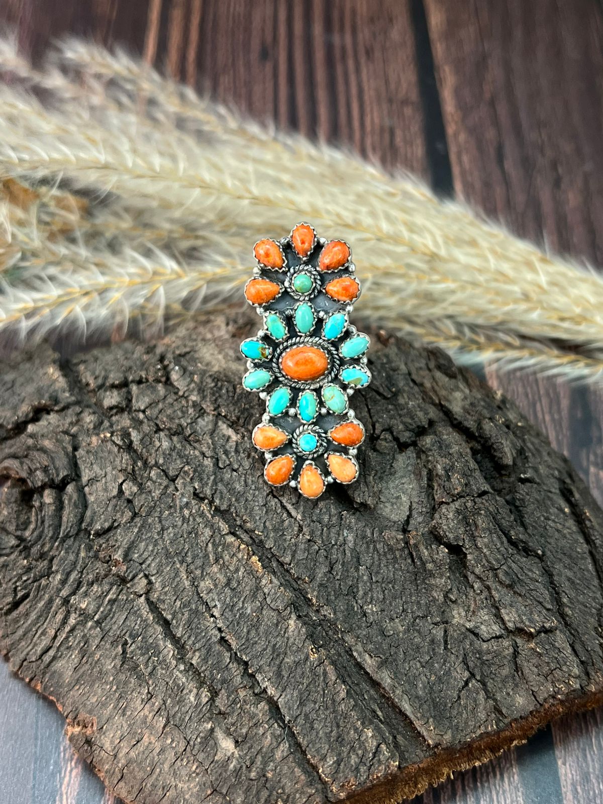 Handmade Sterling Silver Kingman Turquoise with Orange Mojave Adjustable Ring "Signed Nizhoni"