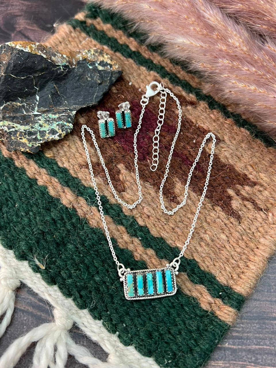Handmade Sterling Silver Kingman Turquoise Bar Necklace Earrings Set "Signed Nizhoni"