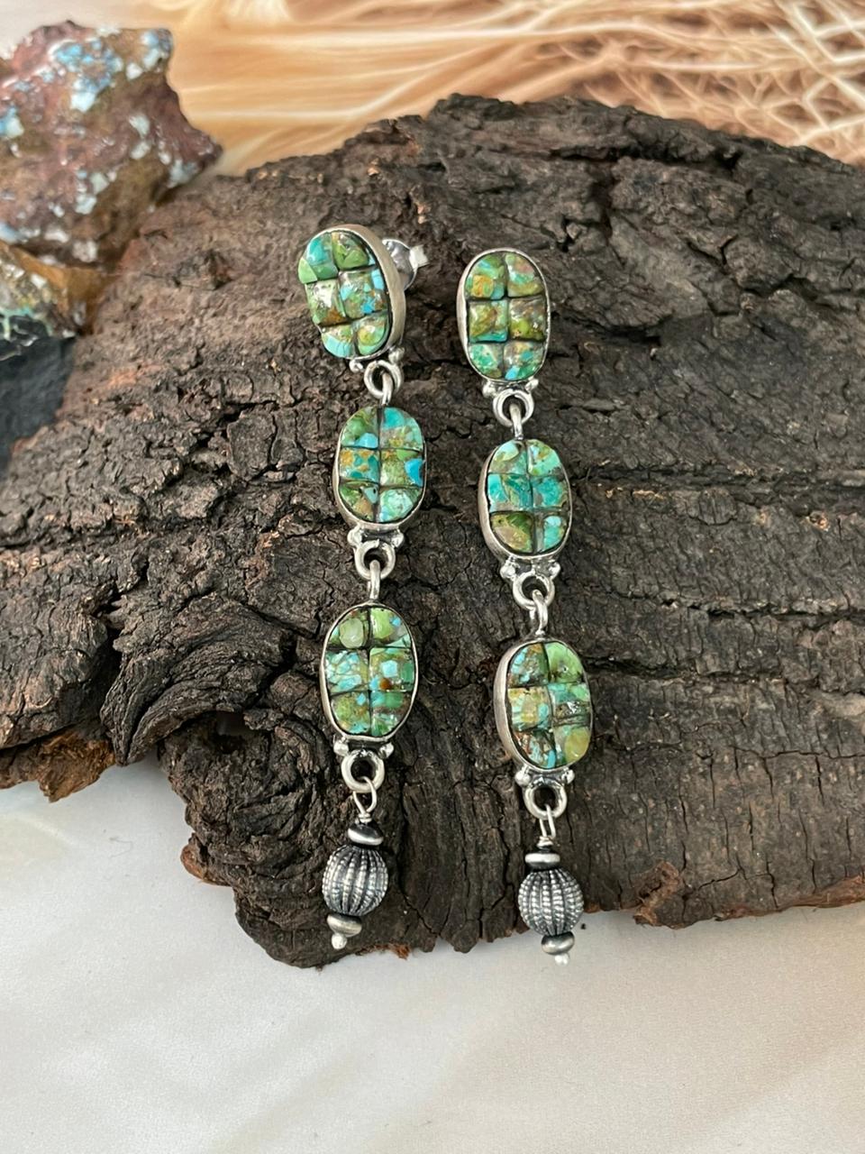 Handmade Sterling Silver Sonoran Cobble Collection: Sonoran Mountain Turquoise Post Dangle Earrings "Signed Nizhoni"