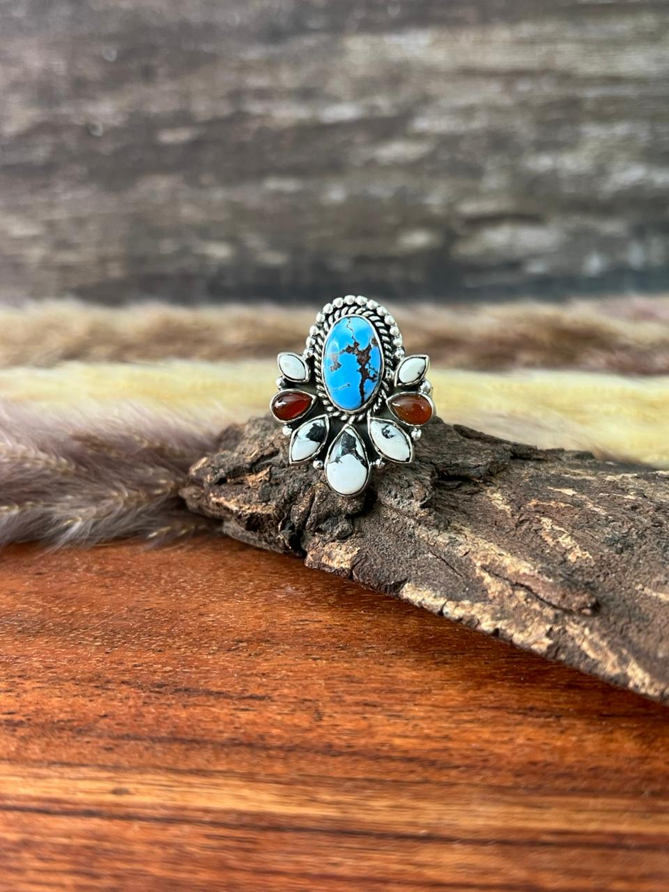 Handmade Sterling Silver Canyon Sunset Collection: Golden Hills Turquoise with White Buffalo and Carnelian Adjustable Ring "Signed Nizhoni"