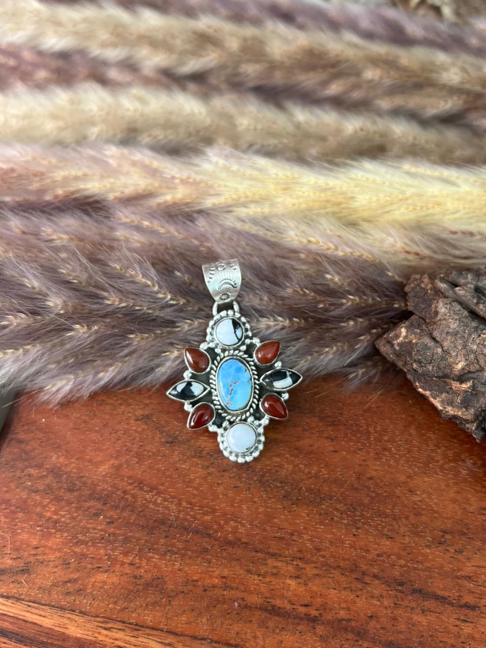 Handmade Sterling Silver Canyon Sunset Collection: Golden Hills Turquoise with White Buffalo and Carnelian Pendant "Signed Nizhoni"