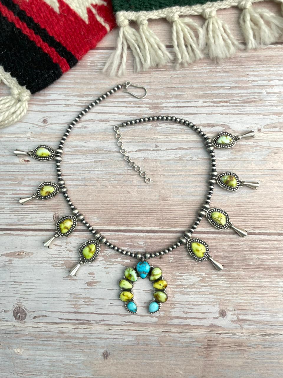Handmade Sterling Silver Sierra Bella with Palomino Turquoise Collection: Squash Blossom Beaded Necklace "Signed Nizhoni"