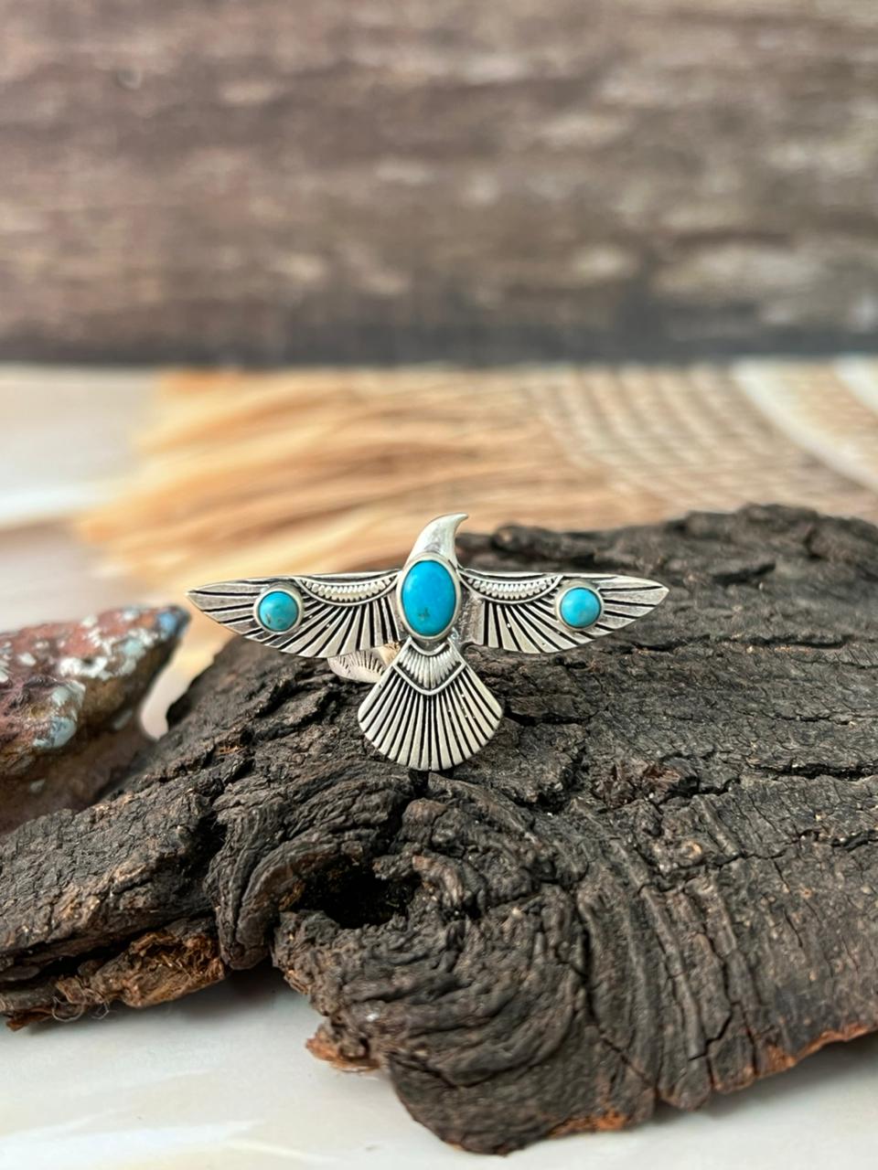 Handmade Sterling Silver Kingman Turquoise Thunderbird Adjustable Ring "Signed Nizhoni"