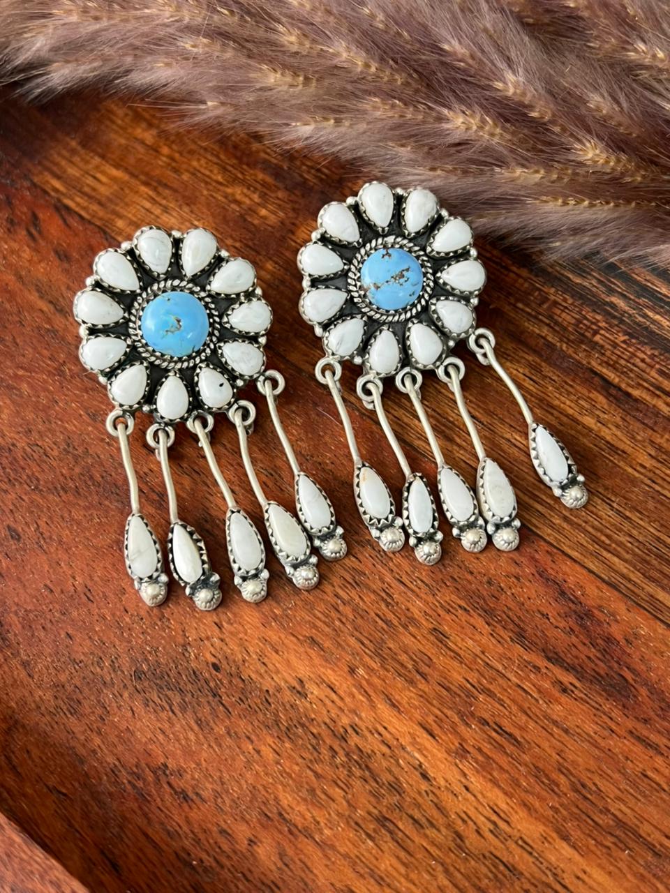 Handmade Sterling Silver White Buffalo with Golden Hills Turquoise Post Dangle Earrings "Signed Nizhoni"