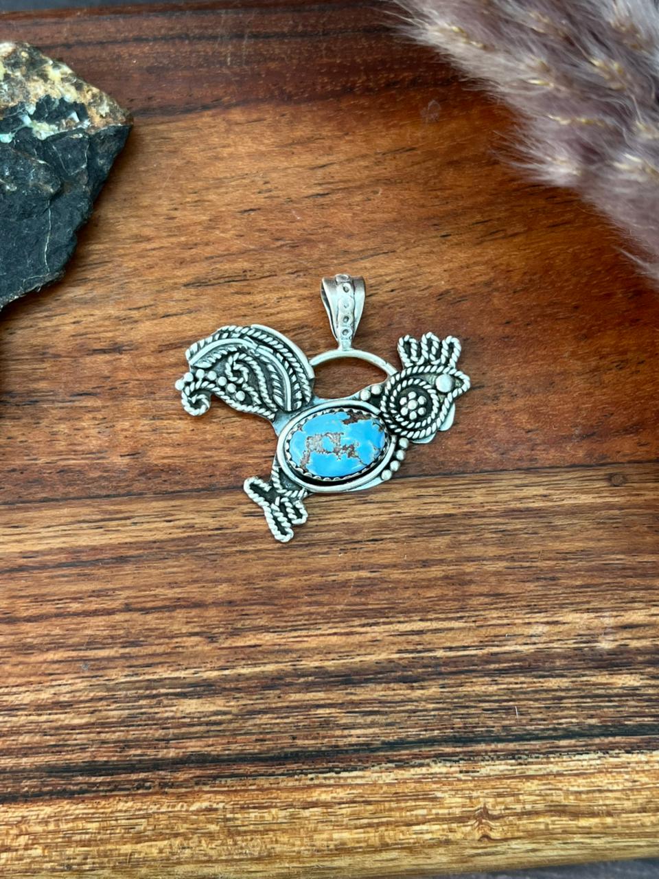 Handmade Sterling Silver Golden Hills Turquoise Rooster Pendant "Signed Nizhoni"